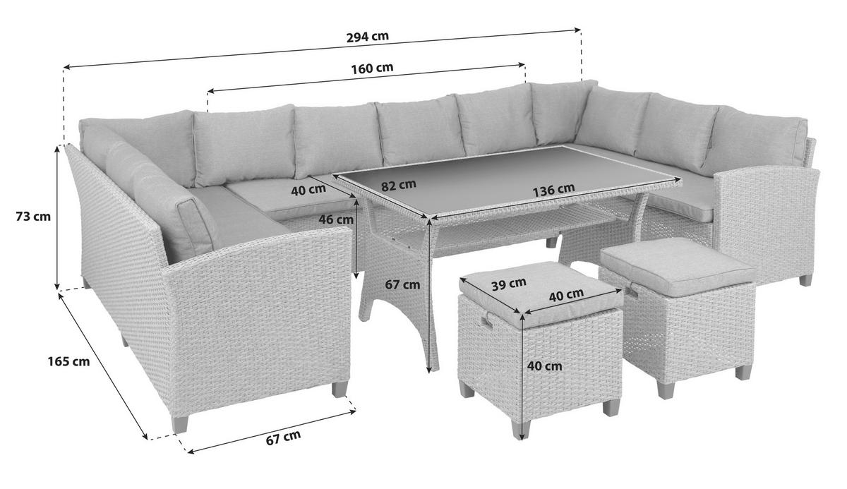 Lounge Garnitura Athena, Siva, Videz Ratana, 6-Delno - siva/črna, Moderno, kovina/umetna masa