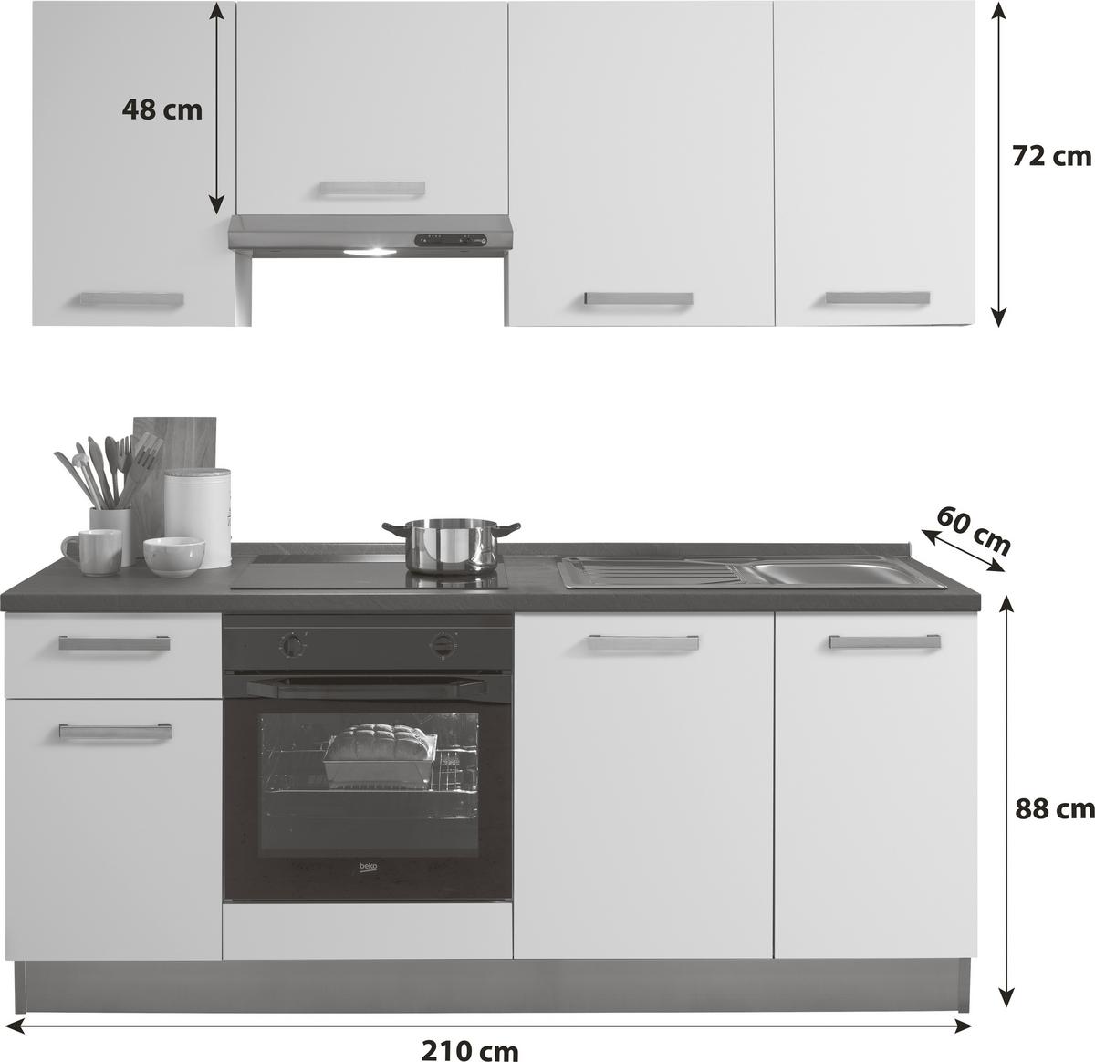 Küchenblock Belluna m. Geräten Weiß - Dunkelgrau/Alufarben, Basics, Holzwerkstoff/Kunststoff (210cm) - MID.YOU