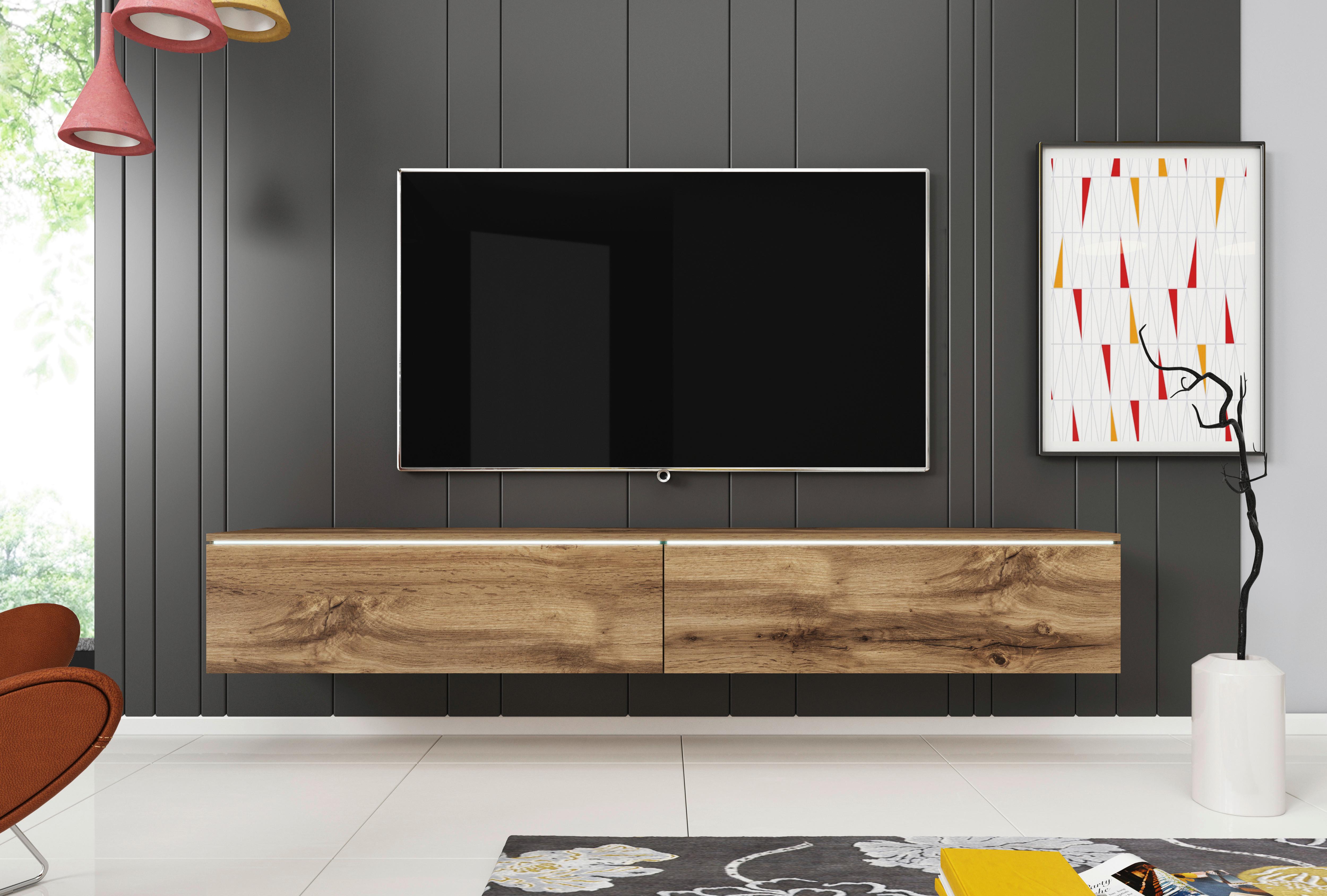 Lowboard ca. 180x30 cm mit LED Eiche Wotan - Eiche Wotan/Grau, LIFESTYLE, Holzwerkstoff/Kunststoff (180/30/33cm) - P & B
