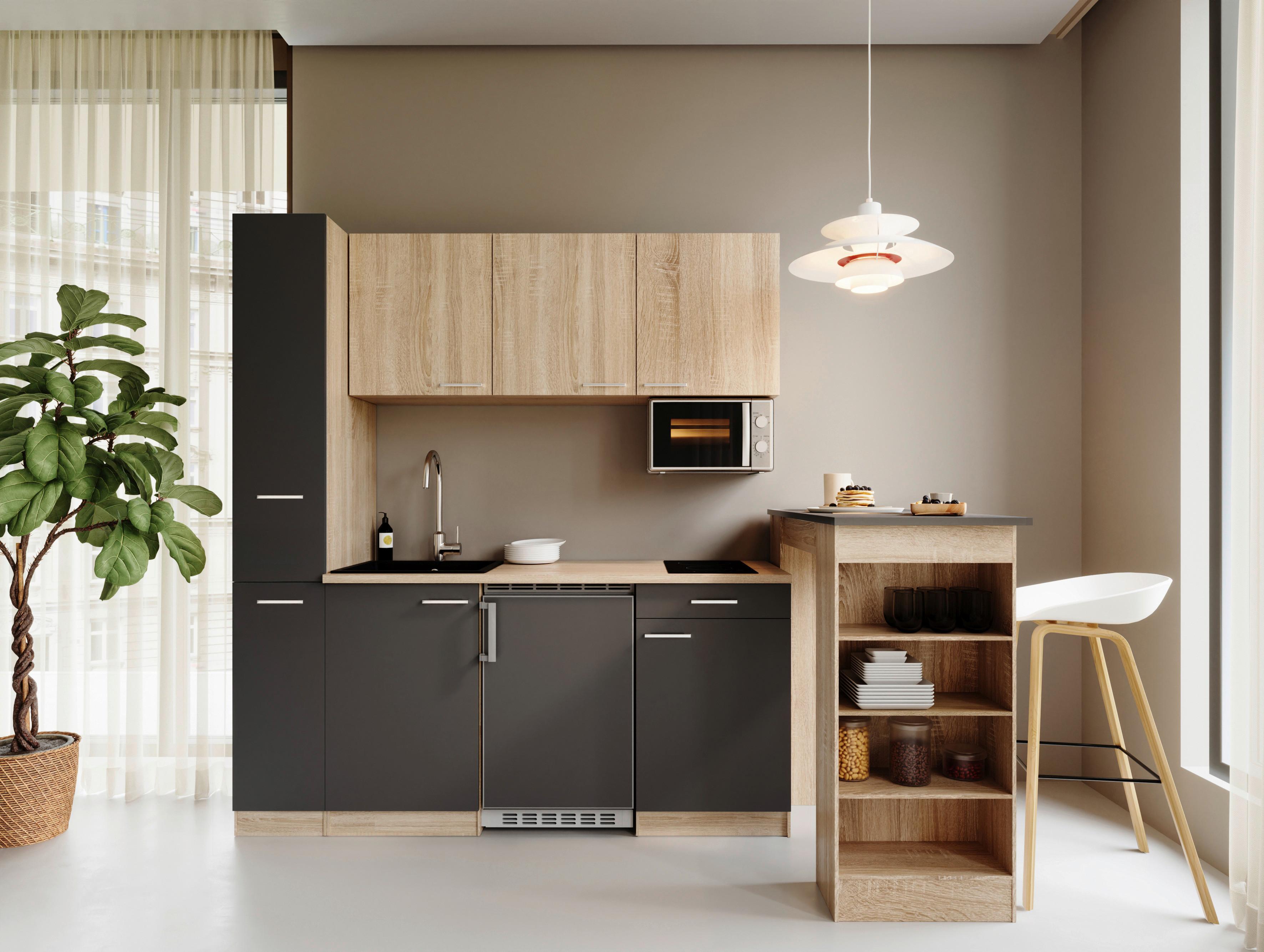 Küchenblock Ingrid m. Geräten Grau - Eichefarben/Alufarben, Design, Holzwerkstoff/Kunststoff (180cm) - Respekta