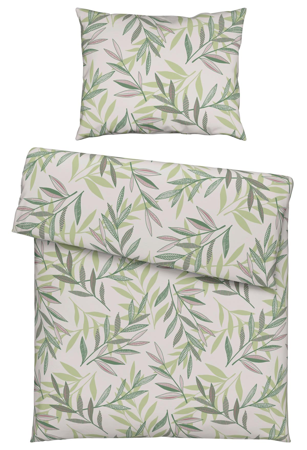 BETTWÄSCHESET STITCHED LEAVES - Beige/Grün, Textil (160/210cm) - Modern Living