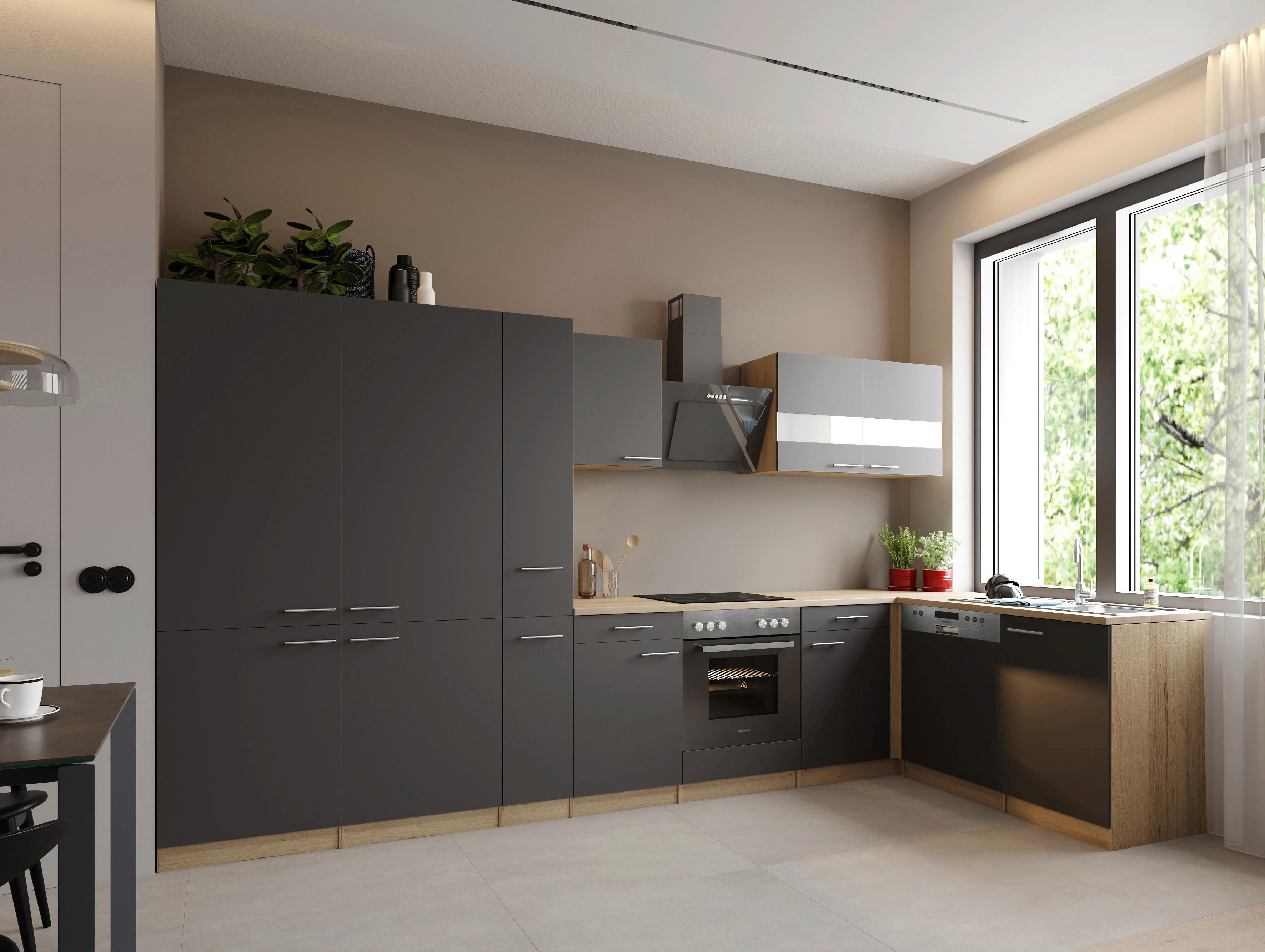 Eckküche Merle m. Geräten ca. 370x172cm Grau - Edelstahlfarben/Eichefarben, Trend, Holzwerkstoff/Metall (370/172cm) - Respekta