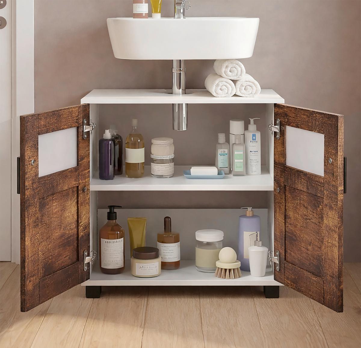 Waschbeckenunterschrank Nilari - Weiss/Eichefarben, Trend, Glas/Holzwerkstoff (60/60/29cm) - MID.YOU