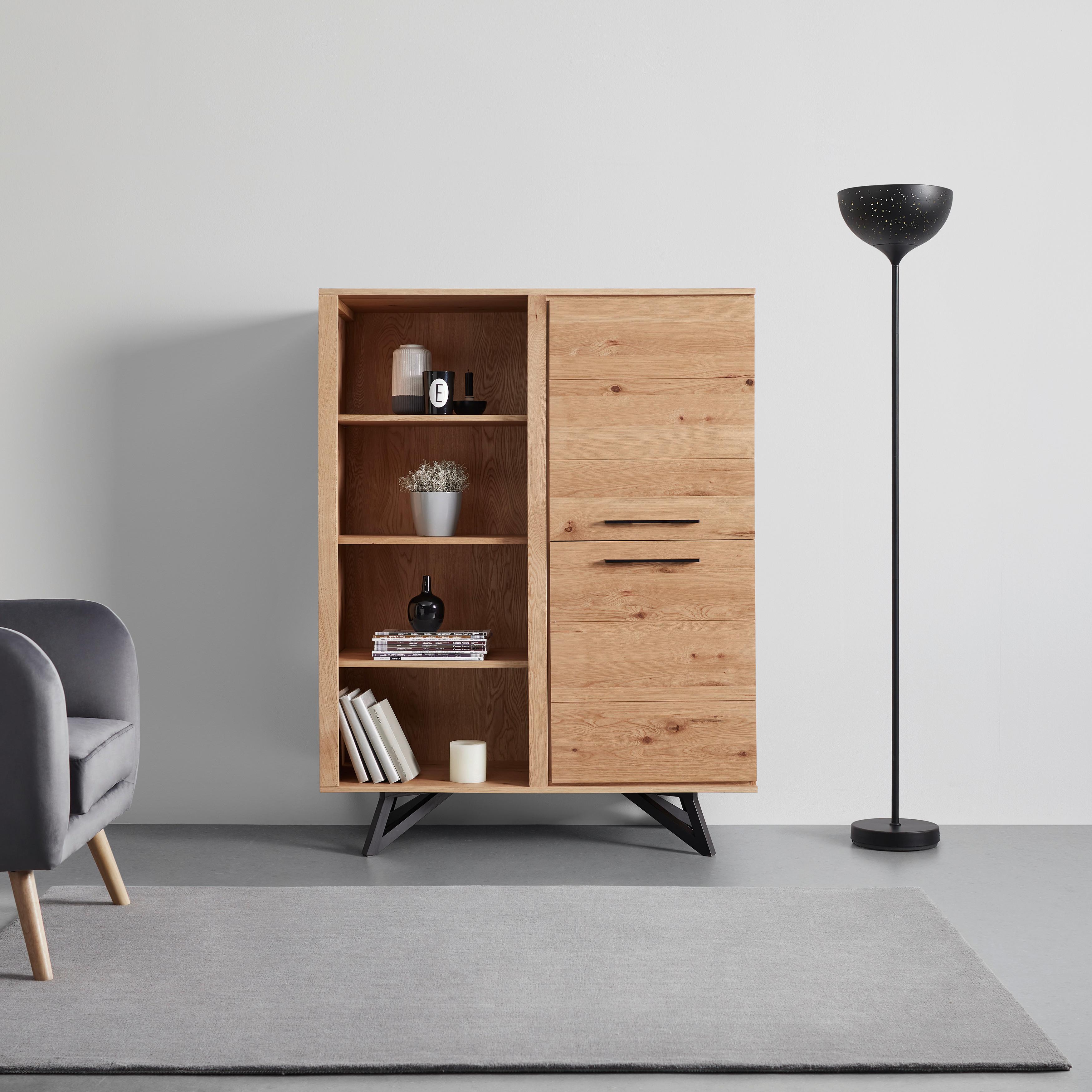 Highboard Massivholz "Emilio", eichefarben - Eichefarben/Schwarz, MODERN, Holz/Metall (115/150/40cm) - Bessagi Home