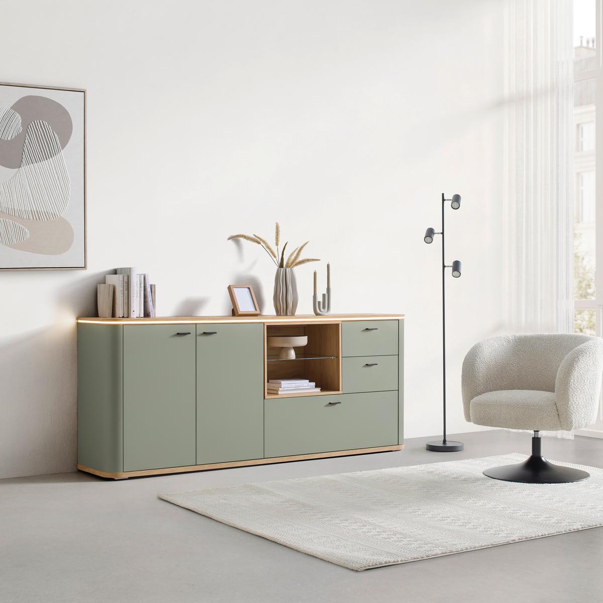 Sideboard Lagos Salbeigrün/Eiche Artisan - Salbeigrün/Anthrazit, Modern, Glas/Holzwerkstoff (210,2/87,5/42,5cm) - Premium Living