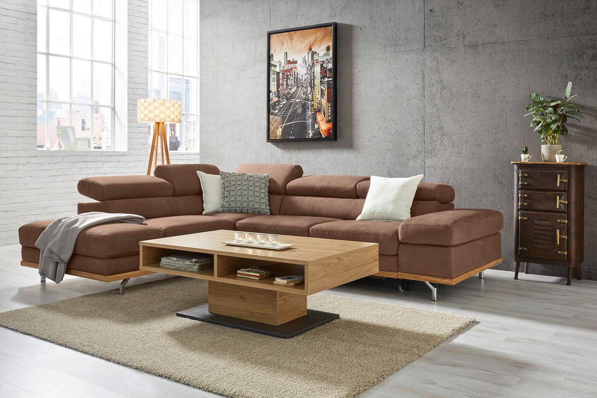 Wohnlandschaft Carmen Braun mit Bettfunktion - Chromfarben/Braun, KONVENTIONELL, Holz/Textil (226/93/292cm) - Based