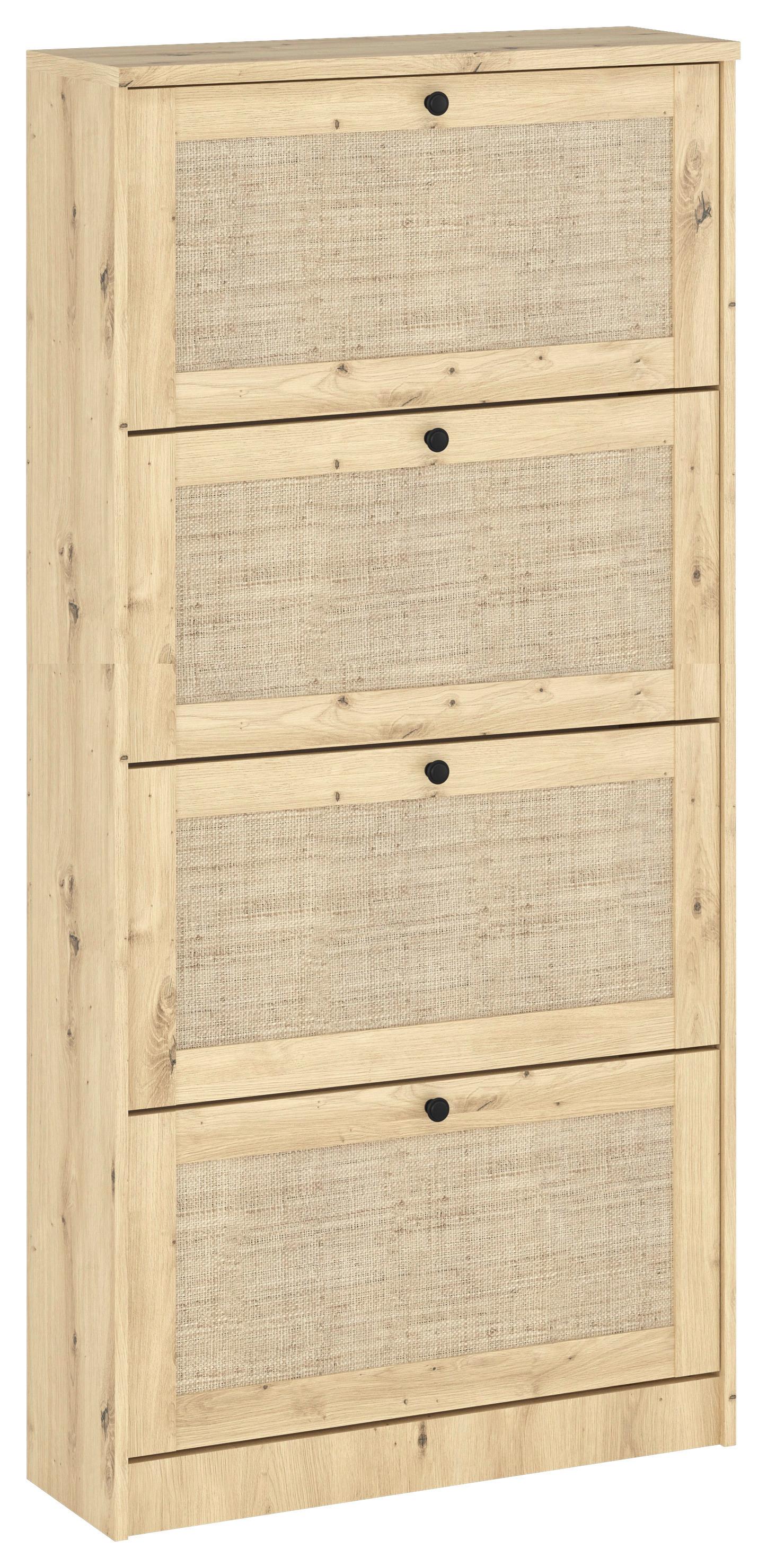 Billenős Cipősszekrény 4 Ajtós Rattan - fekete, Konventionell, faalapú anyag/fém (60/166/26,8cm)