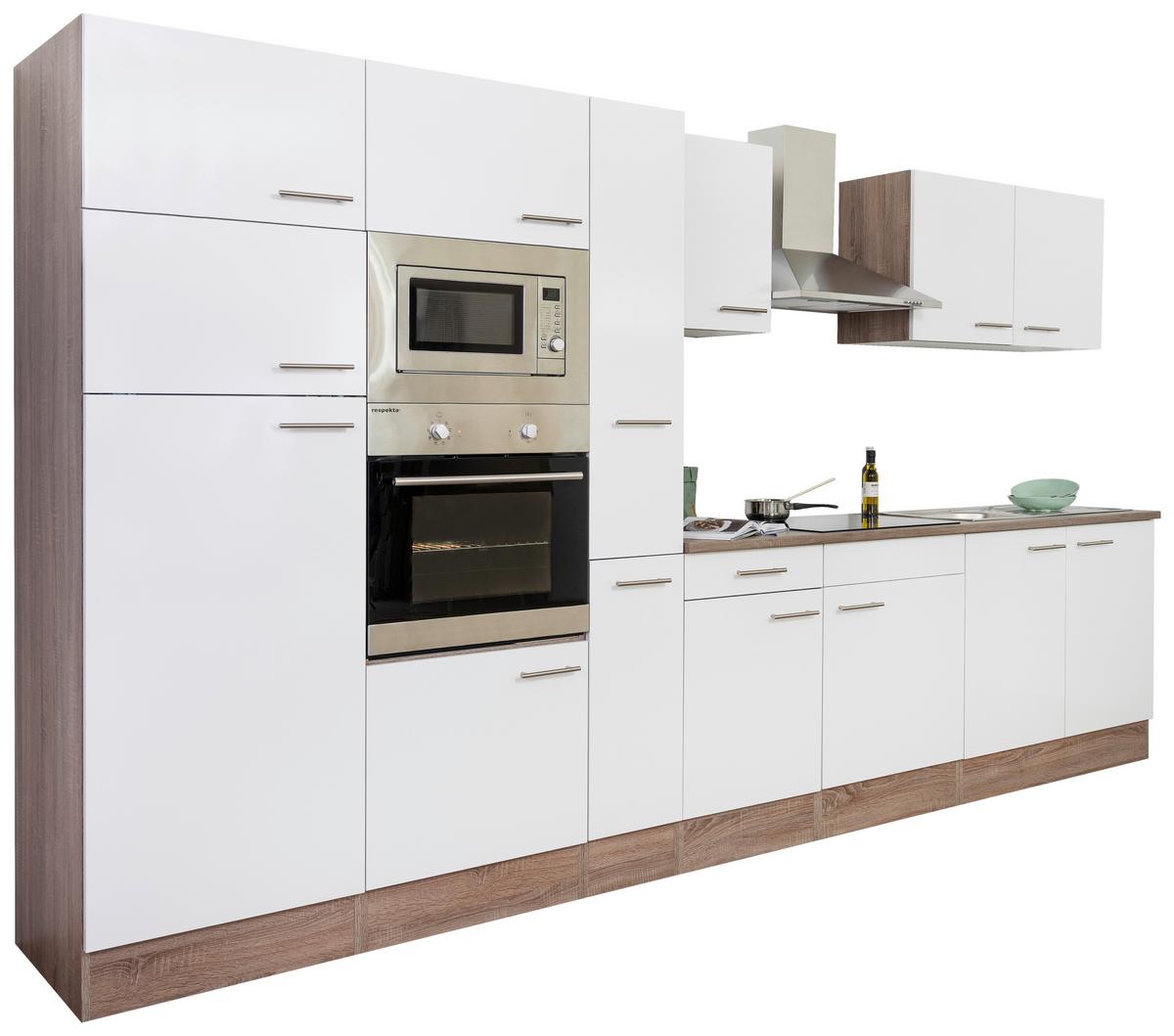 Küchenzeile Economy o. Geräte Weiß/Eiche B: ca. 360 cm - Edelstahlfarben/Eichefarben, Basics, Holzwerkstoff/Metall (360cm) - Respekta
