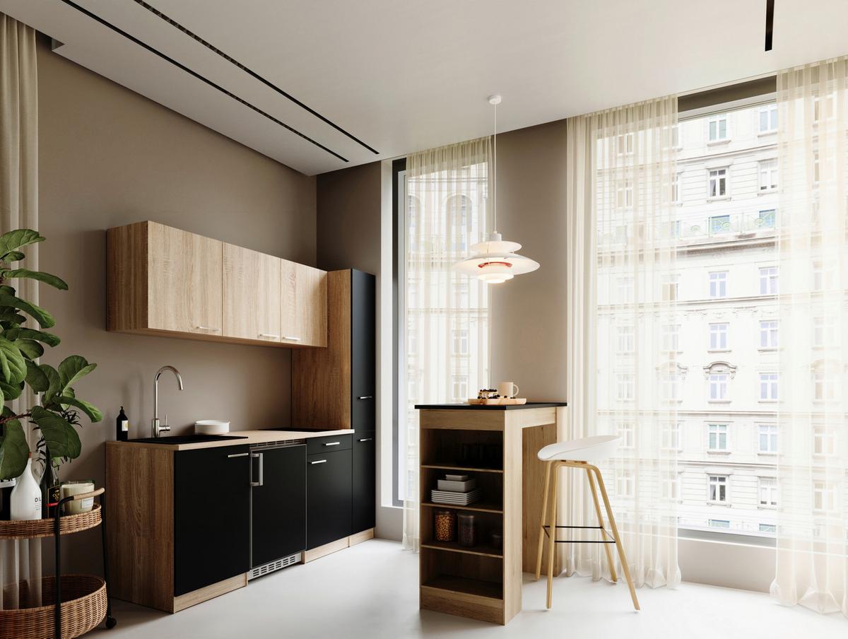 Küchenblock Ingrid m. Geräten Schwarz - Eichefarben/Schwarz, Design, Holzwerkstoff/Kunststoff (180cm) - Respekta
