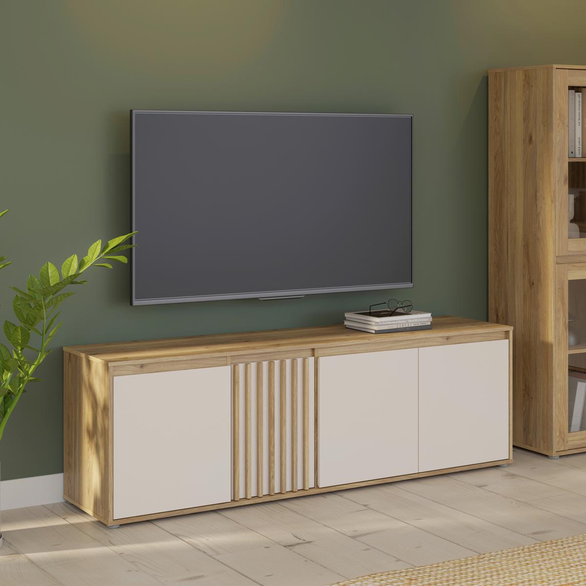 Comodă TV ELISTON - culoare lemn stejar/nisipiu, Natur, plastic/material pe bază de lemn (174,3/56,1/41,5cm) - Modern Living