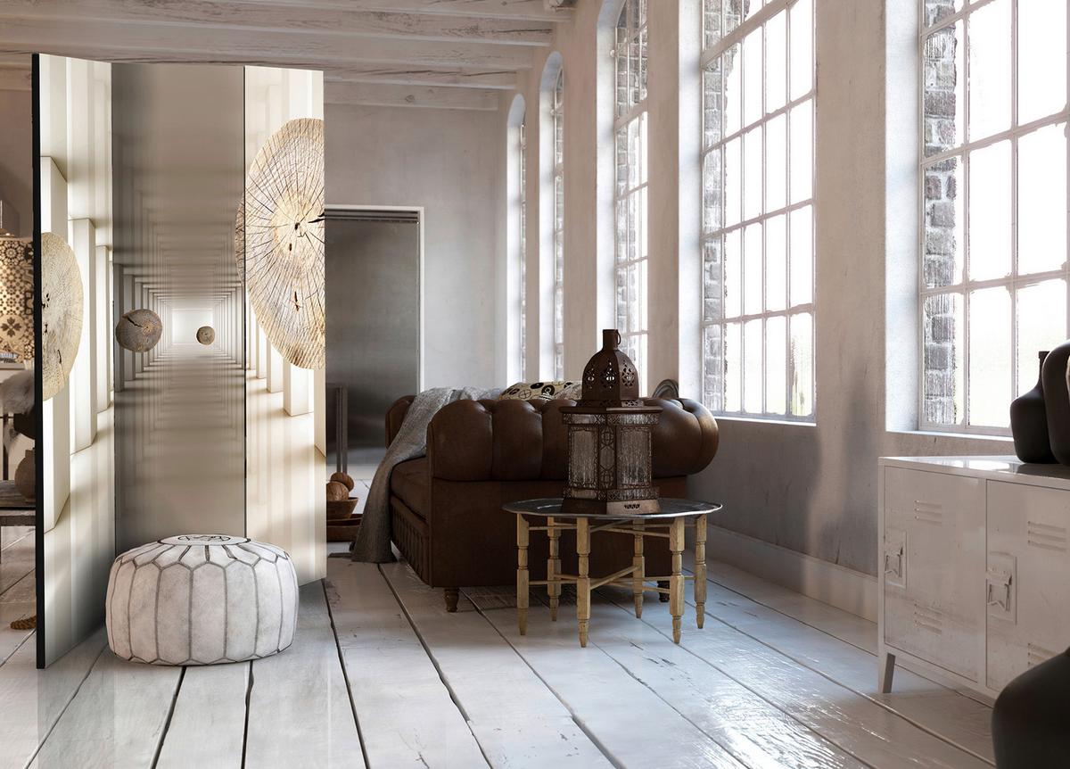 Paravan Futuristic Forest, 3-Delni, Dvostranski - krem barve/bež, Basics, tekstil/les (135/172/3cm) - artgeist