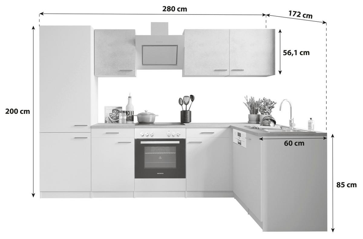 Kotna Kuhinja Z Aparati Malia, Bela, Siva - barve nerjavečega jekla/siva, Basics, kovina/leseni material (280/172cm) - Respekta