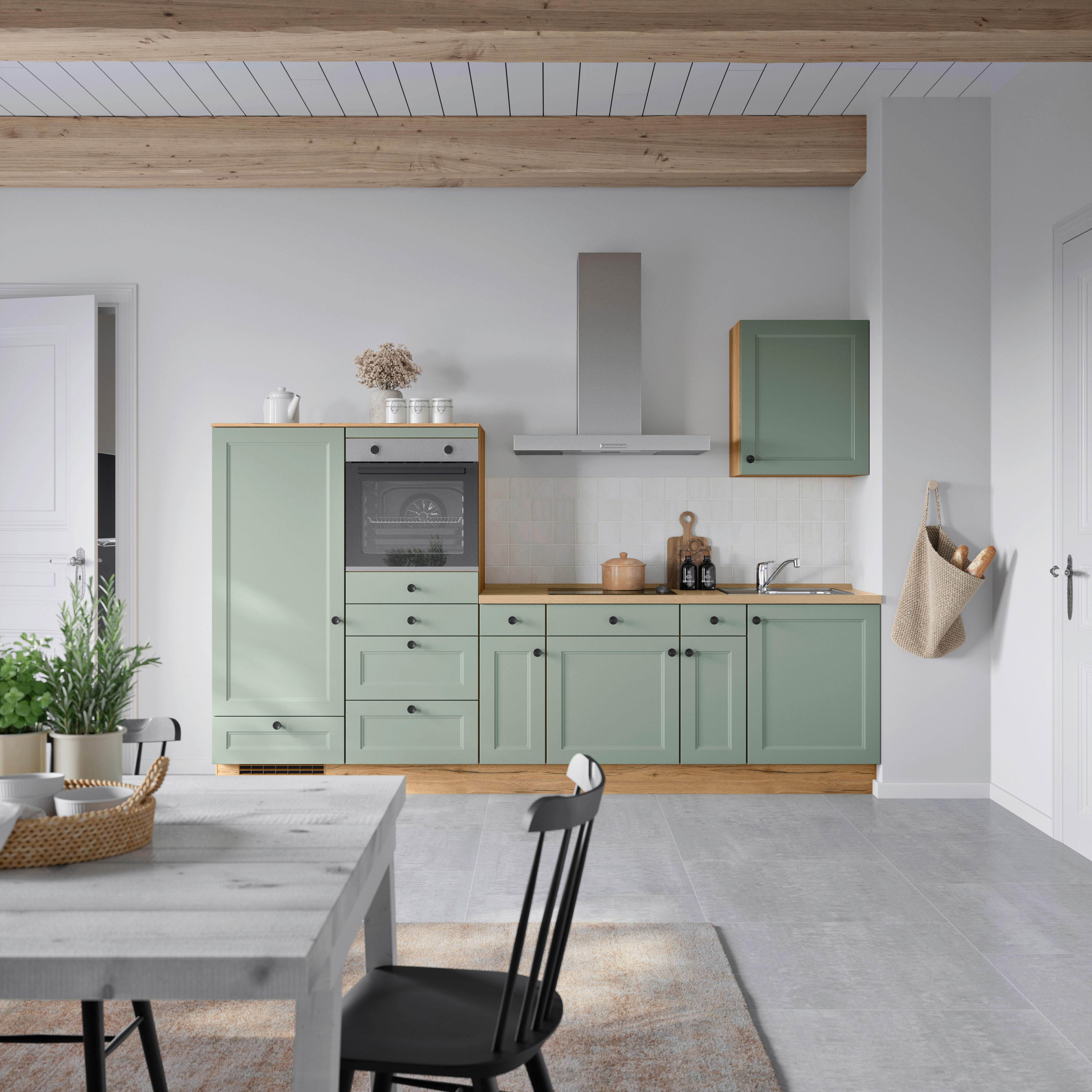 Küchenblock Cascada Low m. Geräten Schilfgrün - Schilfgrün/Eichefarben, MODERN, Holzwerkstoff/Metall (300cm) - Nobilia