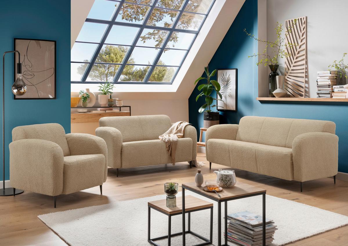 2-Sitzer-Sofa Marone Creme Teddystoff - Creme/Schwarz, MODERN, Metall (140/76/90cm) - Livetastic
