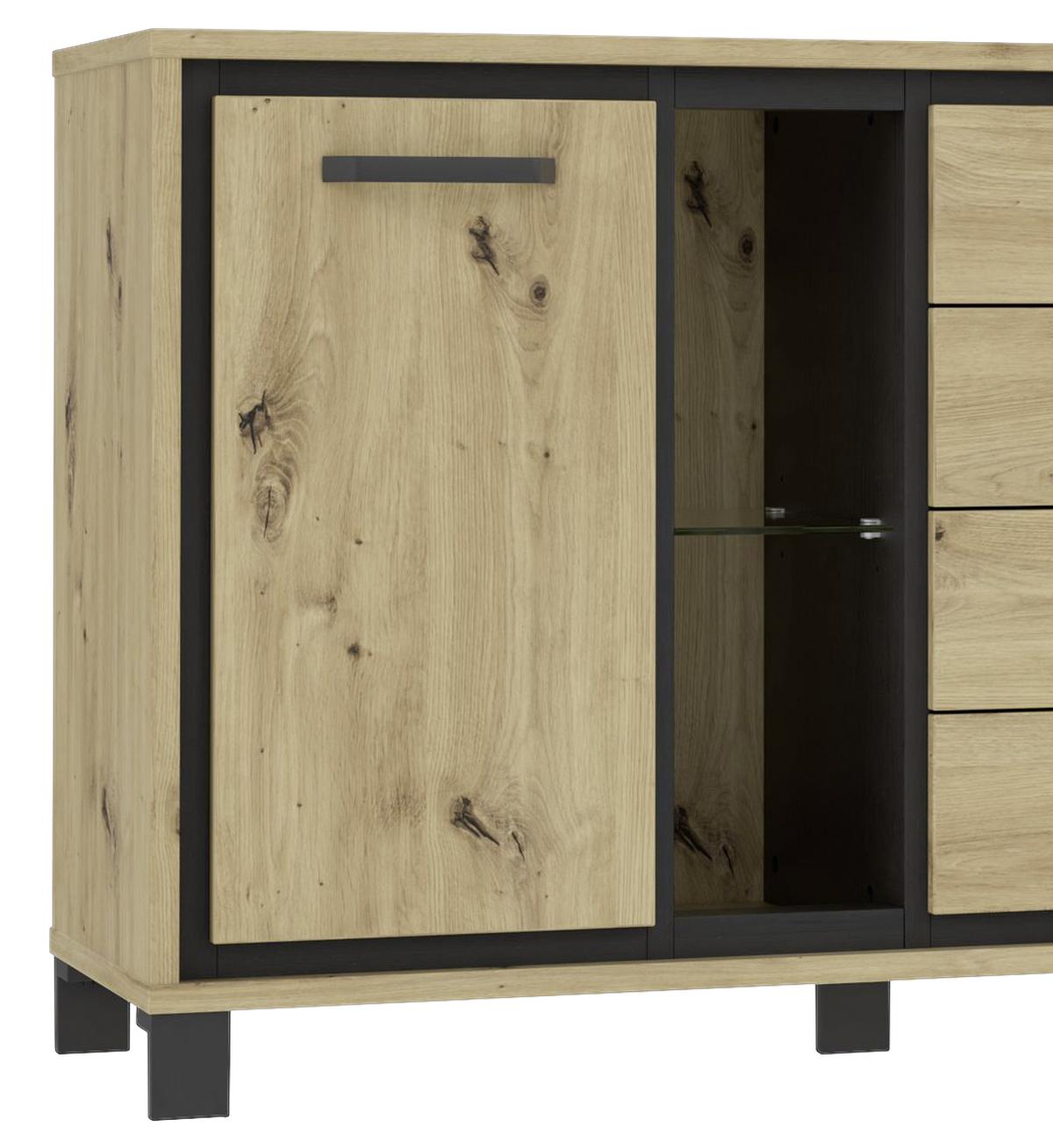 Sideboard "Trondheim" , Schwarz, Eiche - Eichefarben/Schwarz, Basics, Glas/Holzwerkstoff (177,4/81,3/41,5cm) - Livetastic