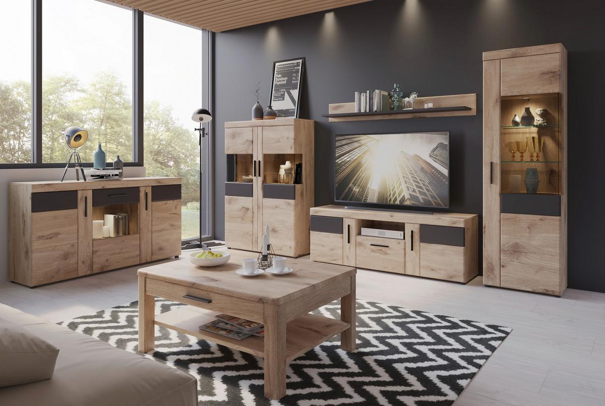 Vitrina Grano, Barva Hrasta, Temno Siva - temno siva/barve hrasta, Trend, umetna masa/steklo (58/195/37,4cm)