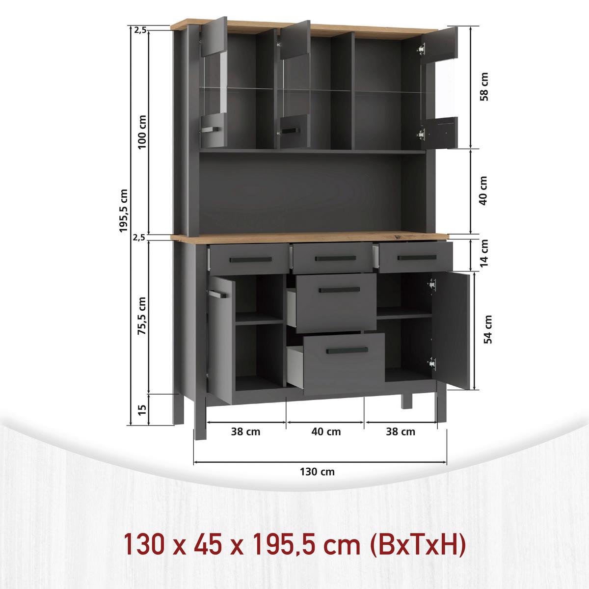 Bife Venet - crna/antracit, Romantično / ladanjski, staklo/drvni materijal (130/195,5/45cm) - Mömax