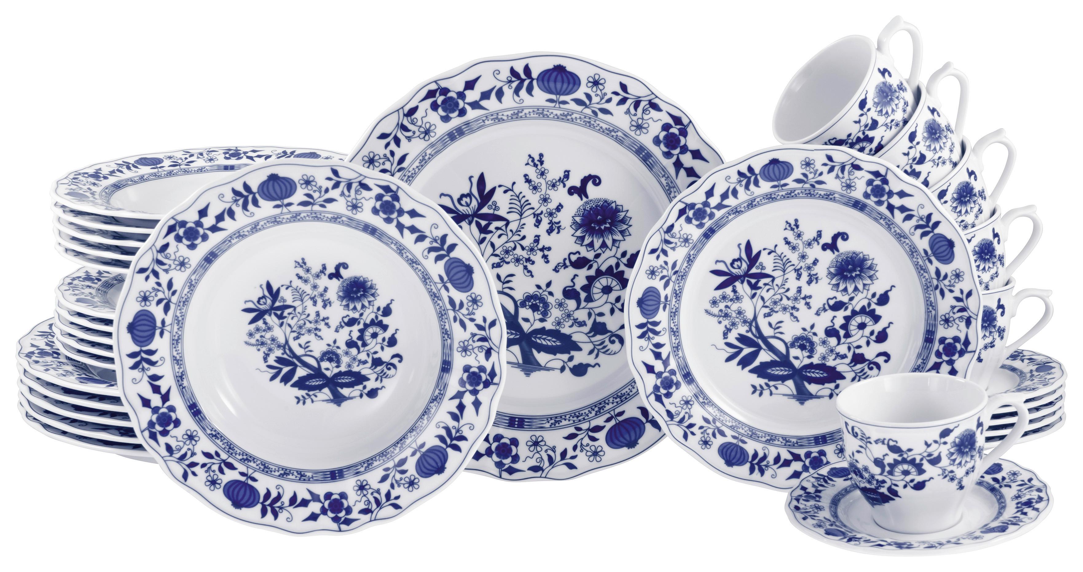 Kombiservice Flora Blau/Weiß, 30-teilig - Blau/Weiß, Design, Keramik - Creatable