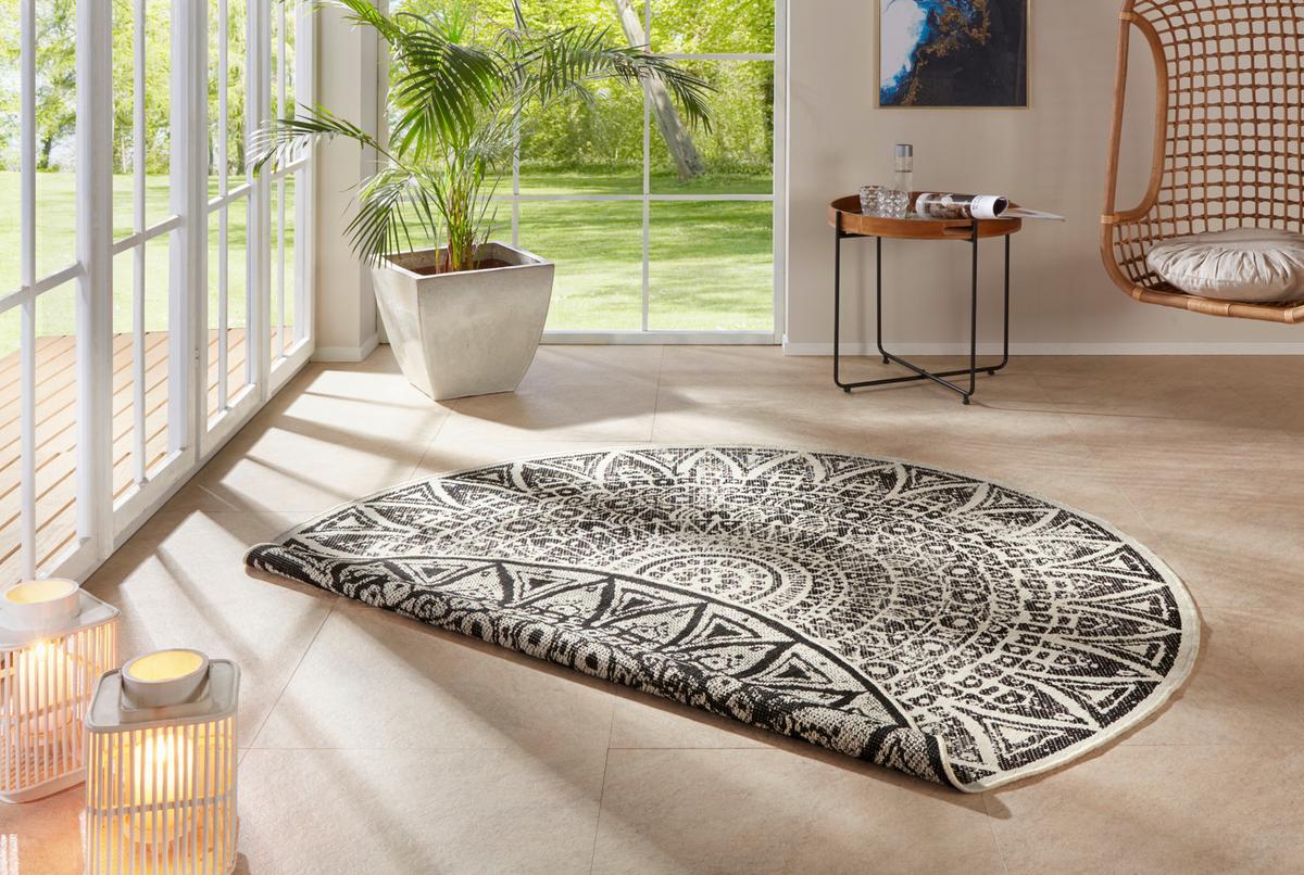 Flachwebeteppich Lilja Schwarz Ø ca. 140cm - Creme/Schwarz, Design, Kunststoff (140cm)