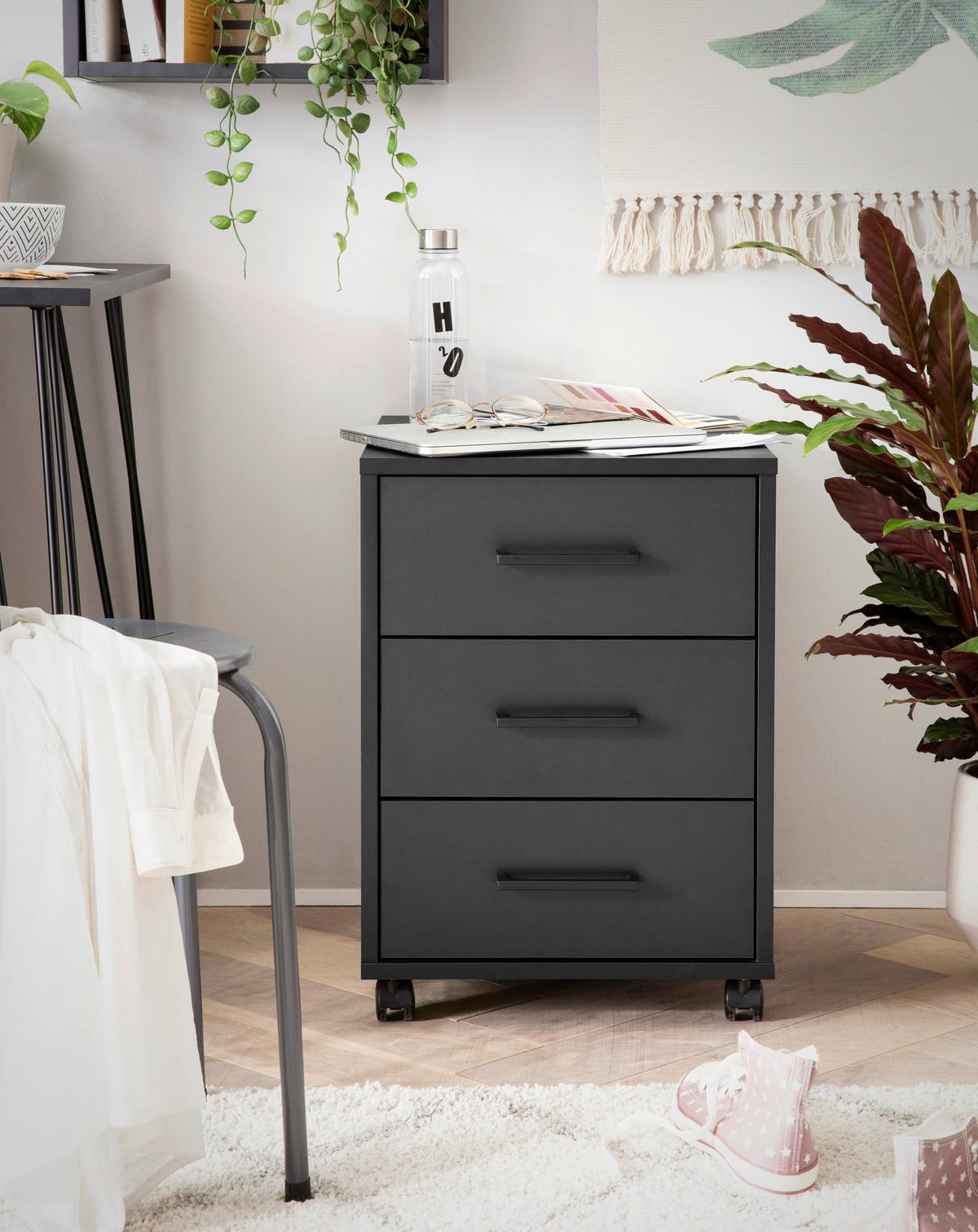 Rollcontainer Ruby Schwarz matt - Schwarz, MODERN, Holzwerkstoff/Kunststoff (40,1/57/50cm) - MID.YOU