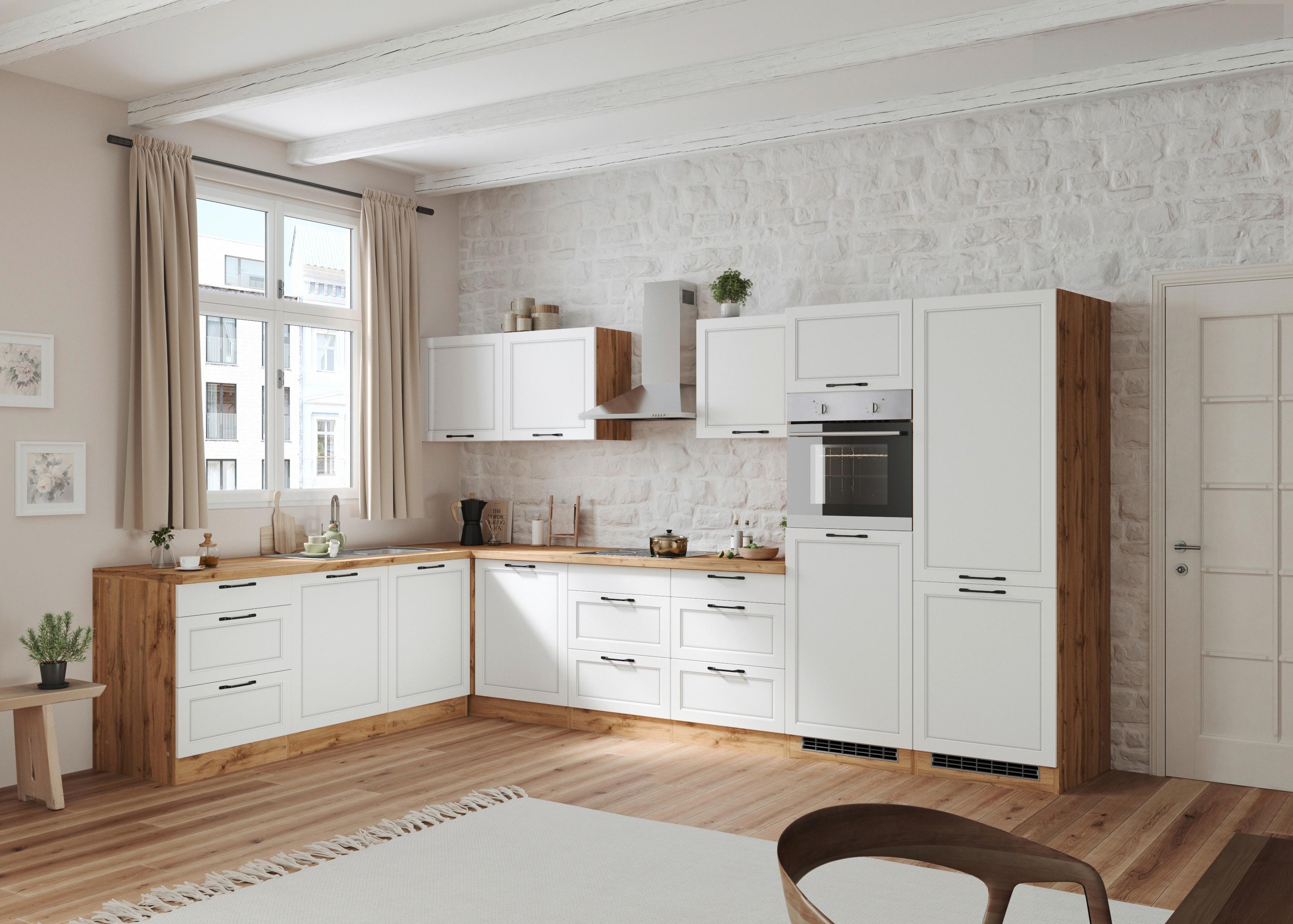 Eckküche Meran mit Geräten ca. 240x360 cm Weiß/Eiche - Eiche Wotan/Schwarz, LIFESTYLE, Holzwerkstoff/Metall (240/360cm) - Held