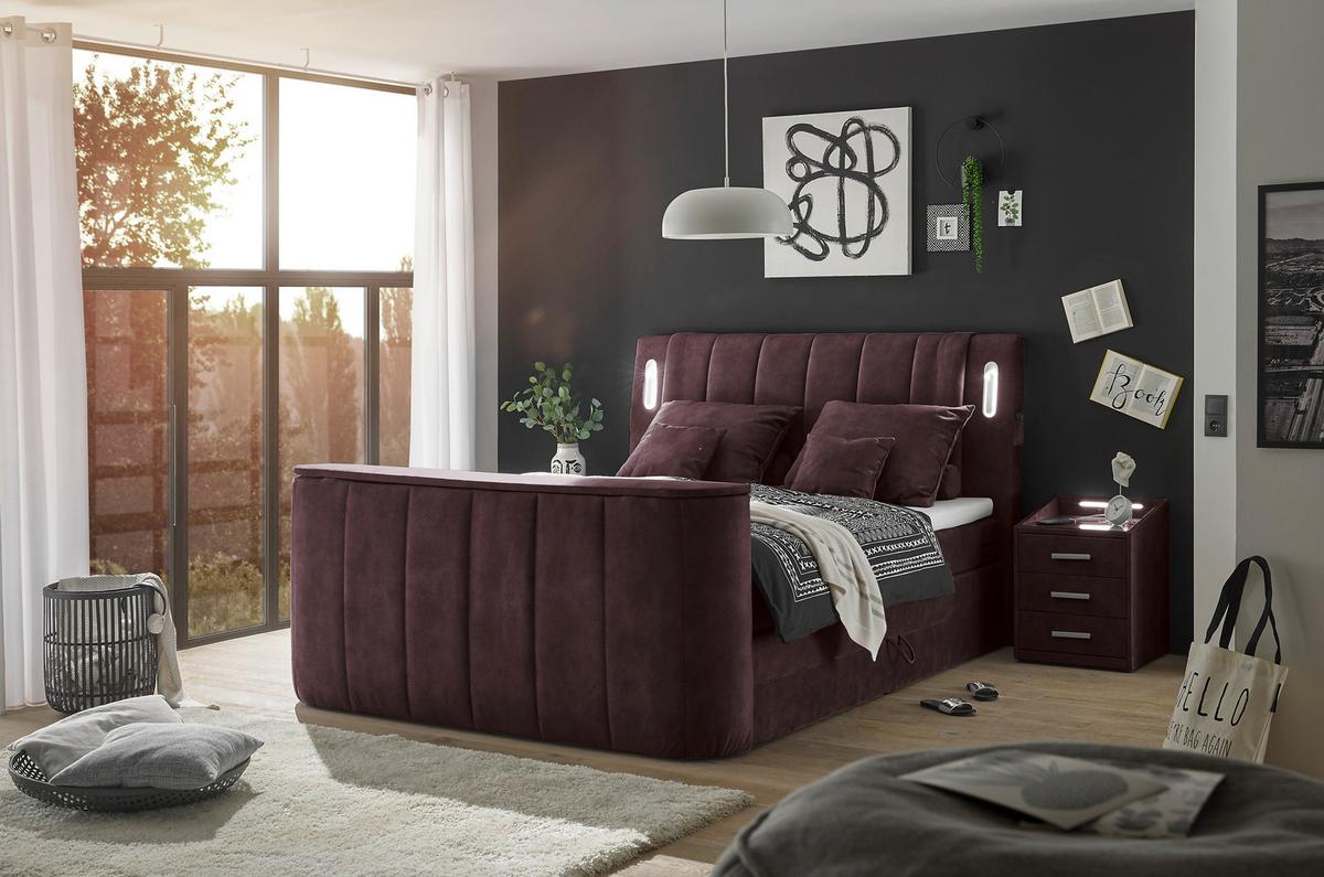 Boxspringbett Dallas m. LED ca. 180x200 cm Aubergine - Aubergine, MODERN, Holzwerkstoff/Kunststoff (180/200cm) - MID.YOU