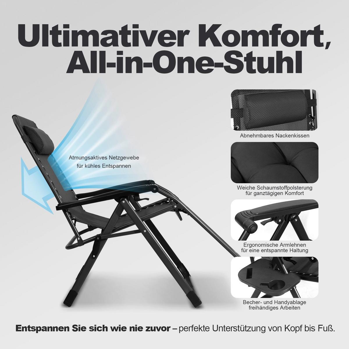 Garten-Relaxsessel Dunkelgrau klappbar - Dunkelgrau/Schwarz, Basics, Textil/Metall (68/88/110cm) - Modante