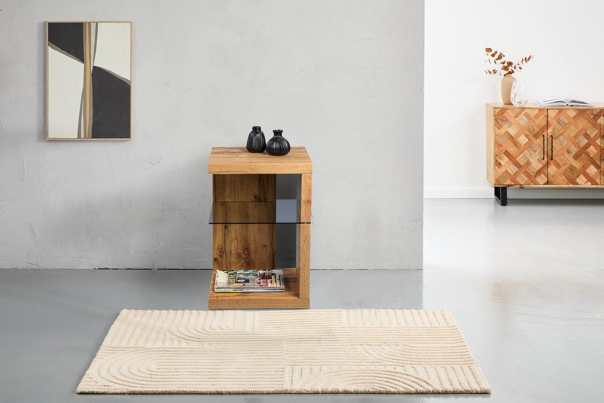 STOLIK BOCZNY DOMINGO - kolor dębowy, Basics, materiał drewnopochodny/szkło (40/40/60cm) - Xora