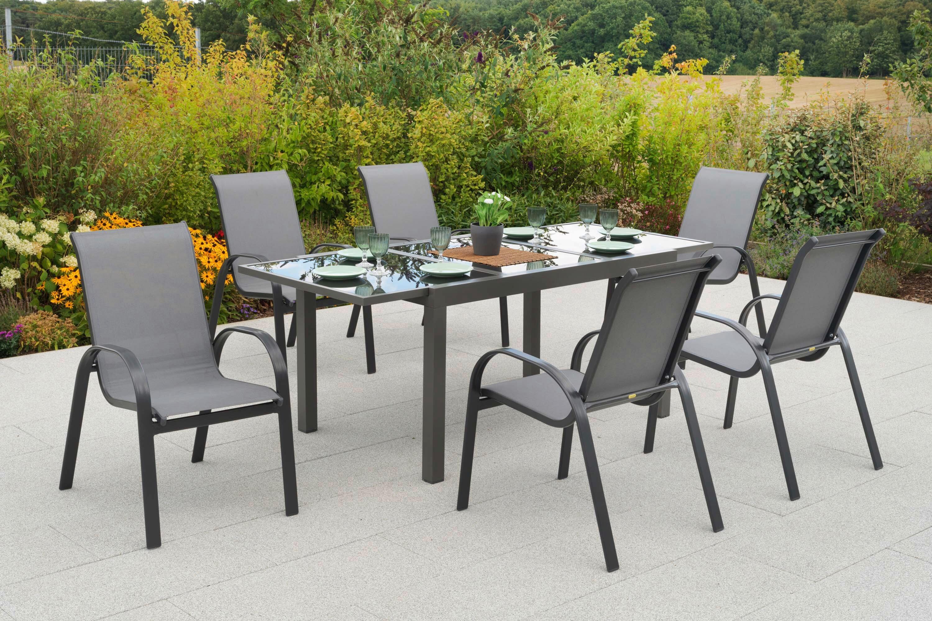 Gartentischgruppe Amalfi 7-tlg. Graphitfarben - Graphitfarben/Grau, KONVENTIONELL, Glas/Textil - Gardenson