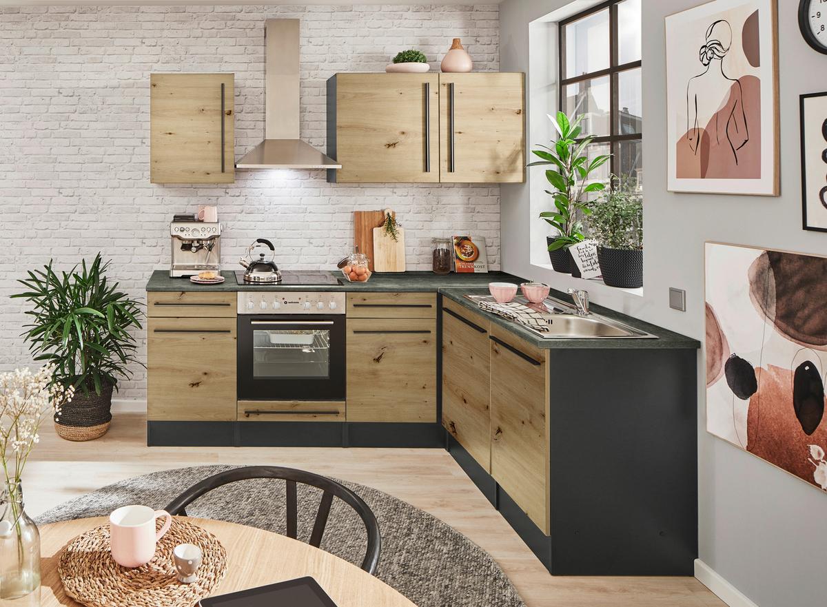 Eckküche Jazz mit Geräten ca.220x175cm Eiche/Anthrazit - Anthrazit/Schwarz, LIFESTYLE, Holzwerkstoff/Kunststoff (220/175cm) - P & B