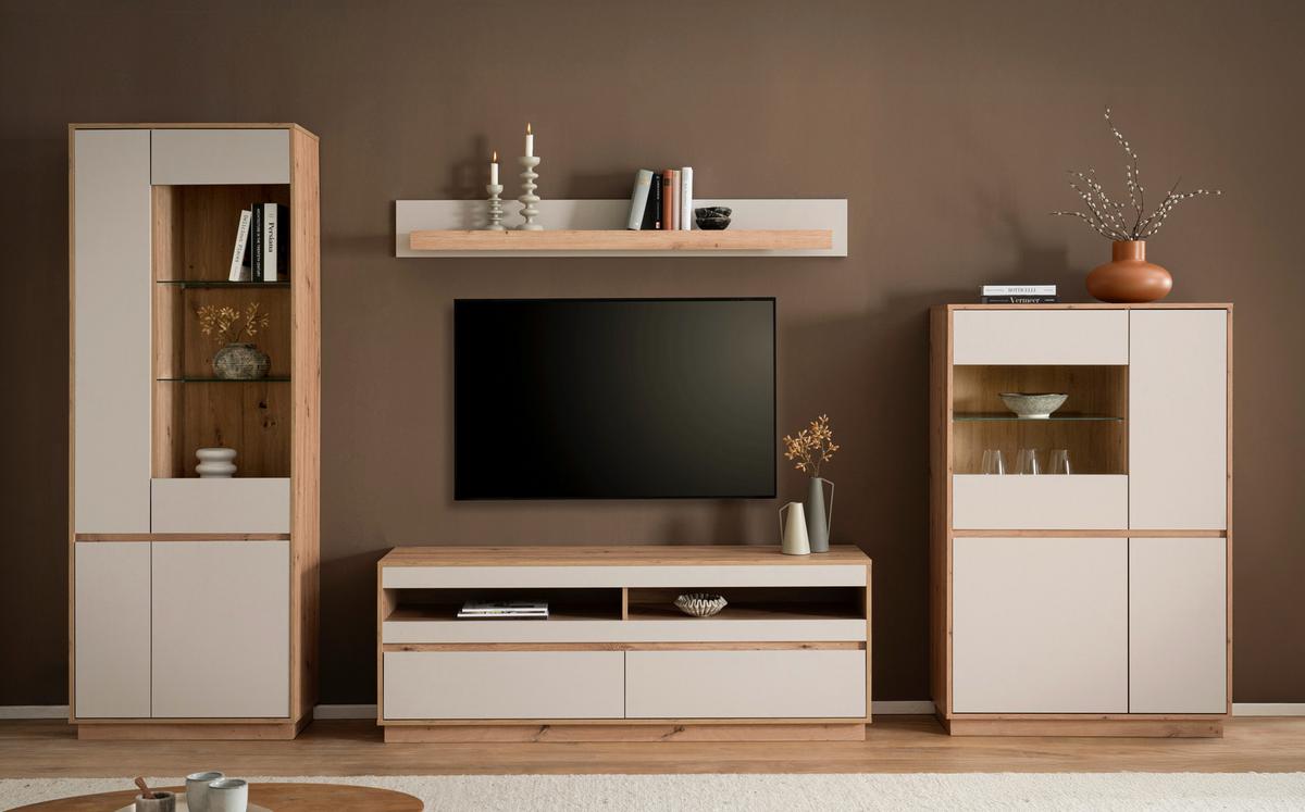 WOHNWAND SONORA - Kaschmir/Eiche Artisan, Design, Glas/Holzwerkstoff (342/205/40cm) - MID.YOU