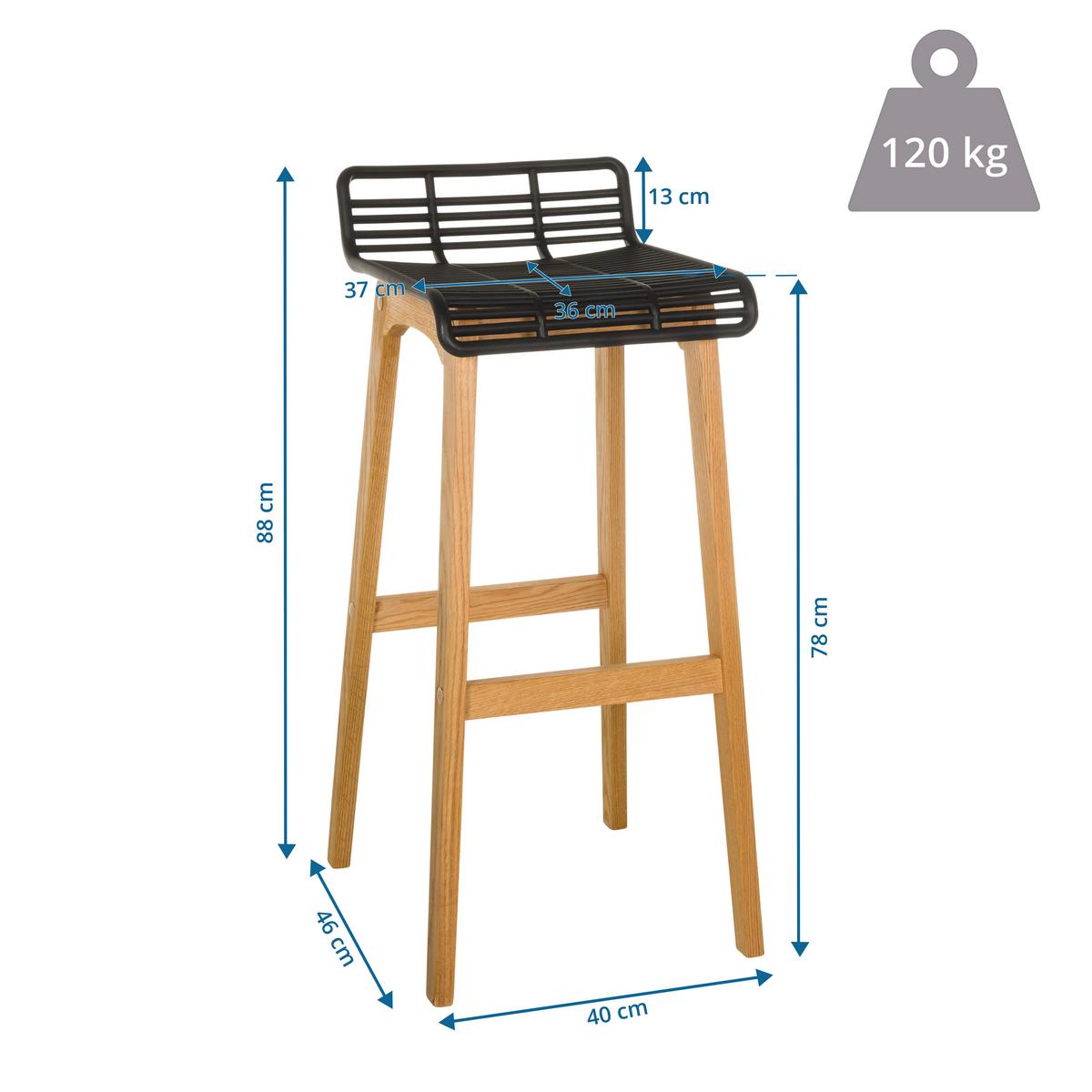 Barski Stol Lonso W, Črna, Barva Hrasta - črna/barve hrasta, Moderno, umetna masa/les (40/88/46cm) - MID.YOU
