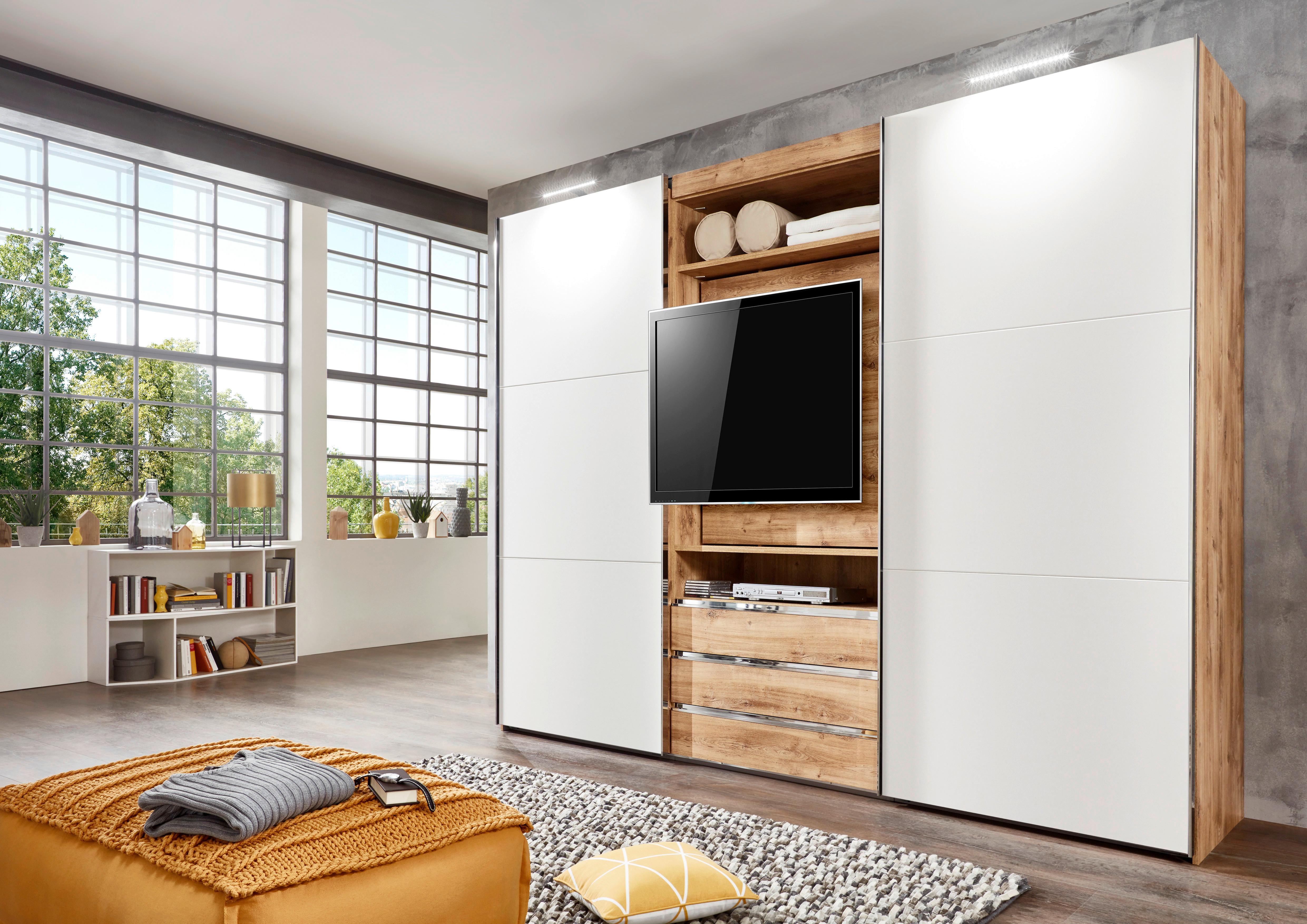 DULAP USI CULISANTE MAGIC - alb/culoare lemn stejar, Modern, material pe bază de lemn (300/216/65cm) - Premium Living