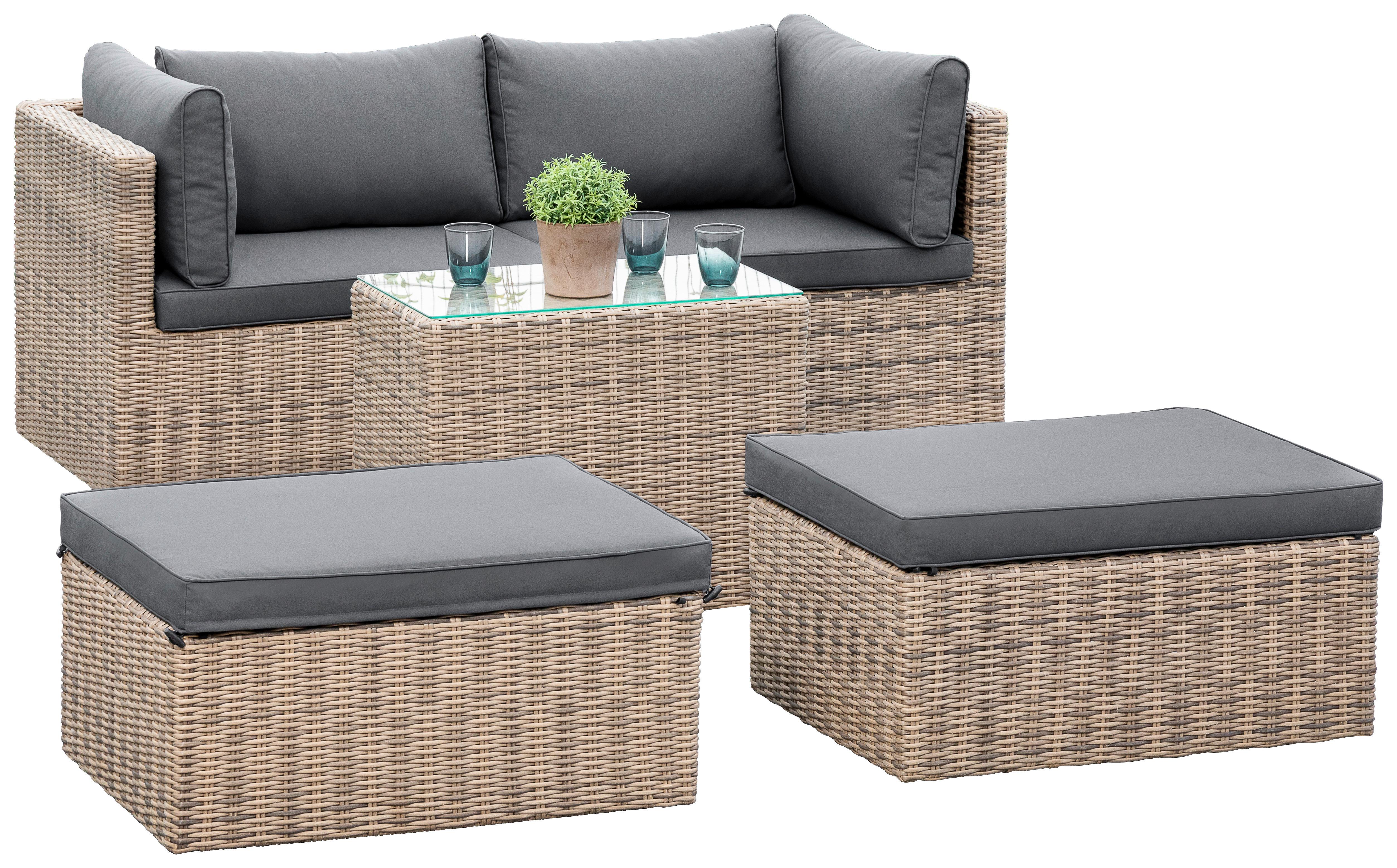 Gartengarnitur 4-tlg. Licosa Metall/Kunststoff/Glas/Textil - Dunkelgrau/Grau, KONVENTIONELL, Glas/Kunststoff (88/65/68cm) - Gardenson