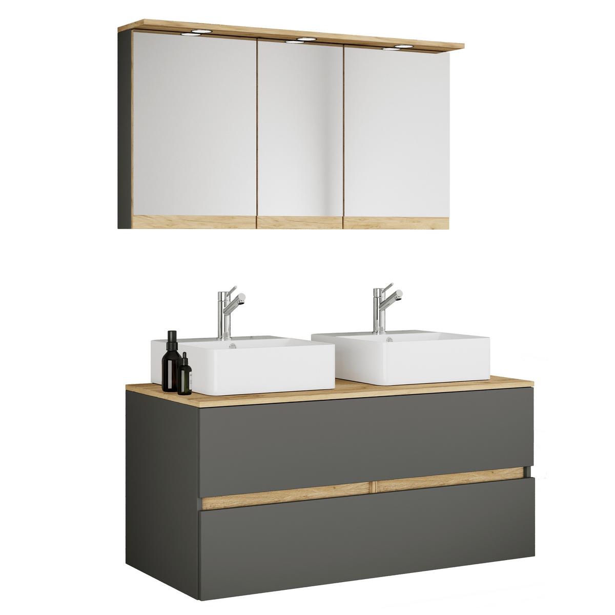Badezimmer Cosila - Honigeiche/Weiss, Trend, Keramik/Holzwerkstoff (111cm) - MID.YOU
