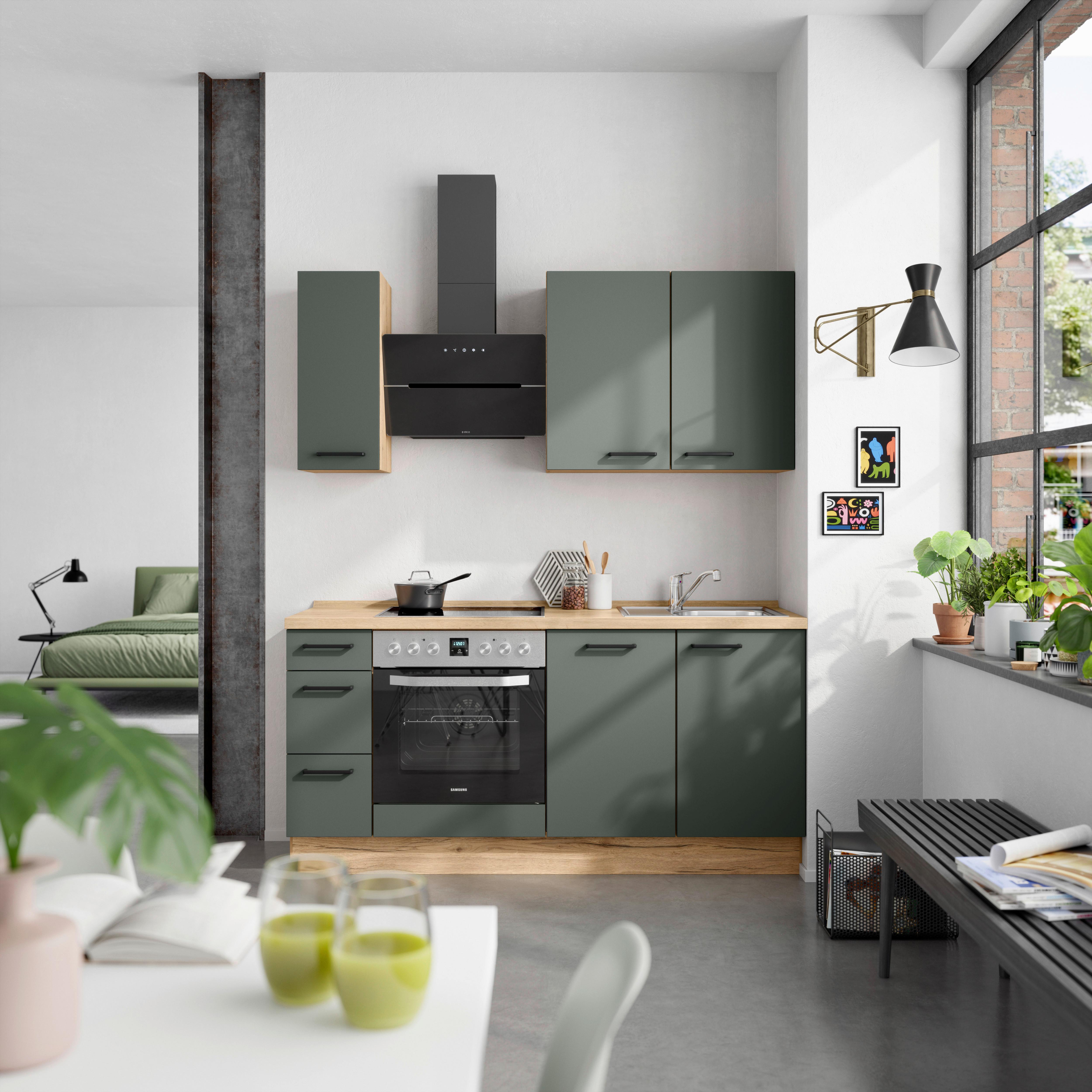 Küchenblock Easytouch High m. Geräten Dunkelgrün - Dunkelgrün/Eichefarben, MODERN, Holzwerkstoff/Metall (180cm) - Nobilia