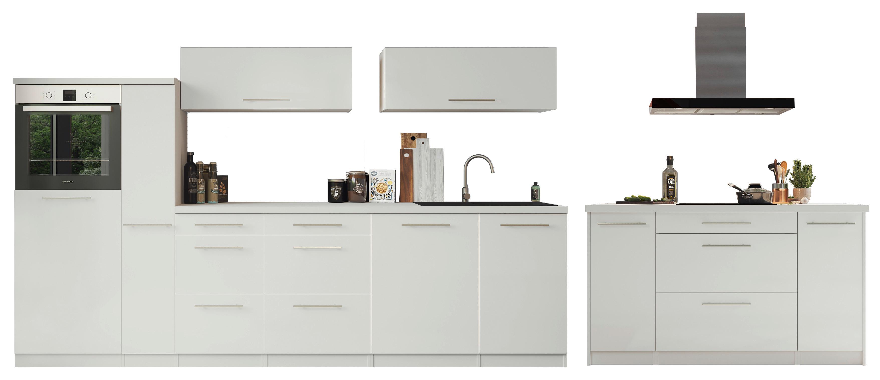 Inselküche Premium Weiß matt m. Geräten B: ca. 310 cm - Weiß Hochglanz/Alufarben, MODERN, Naturmaterialien/Holzwerkstoff (310/160cm) - Respekta