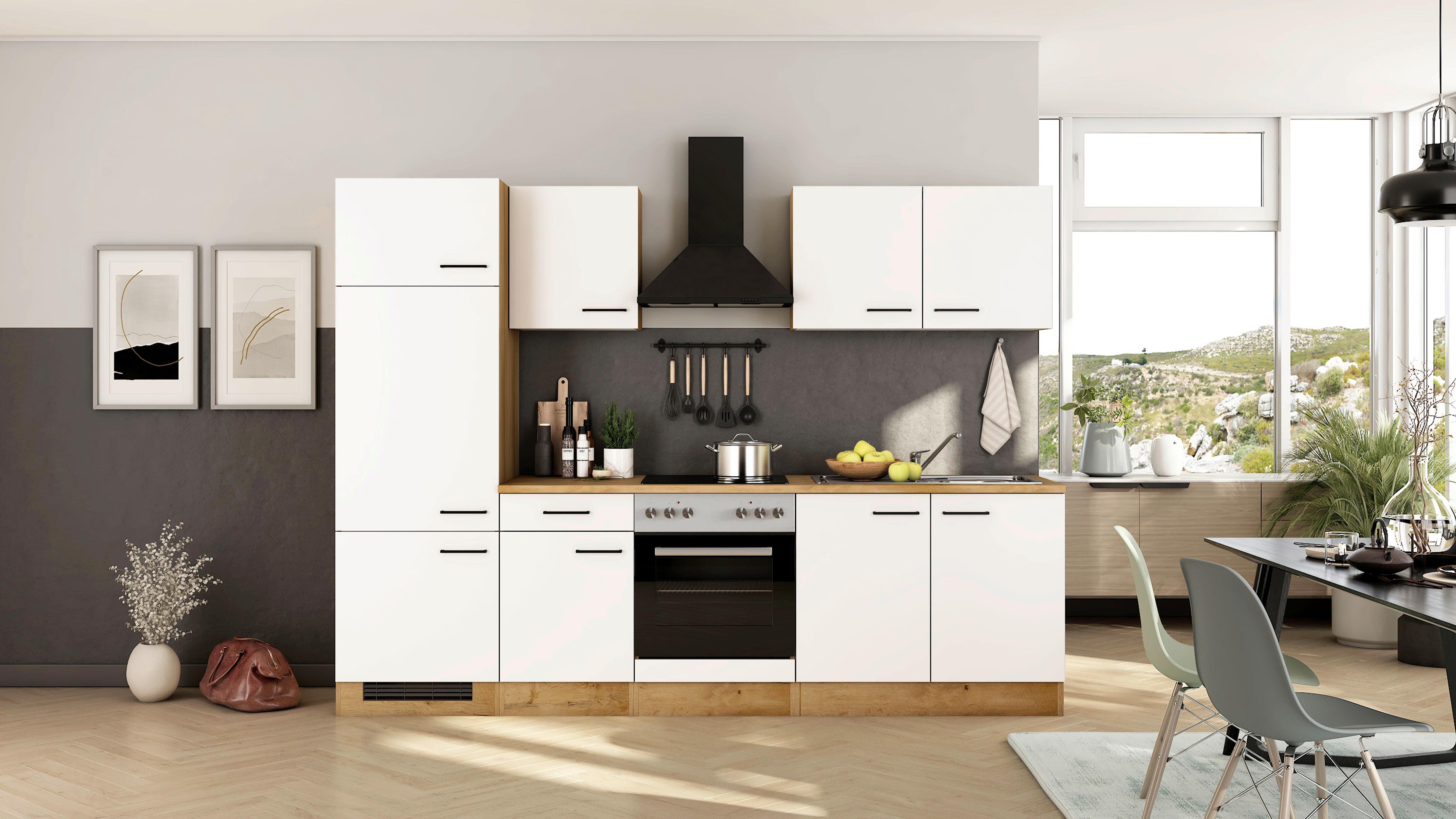 Küchenblock Avila m. Geräten Magnolie - Eichefarben/Magnolie, Trend, Holzwerkstoff/Metall (270cm) - FlexWell