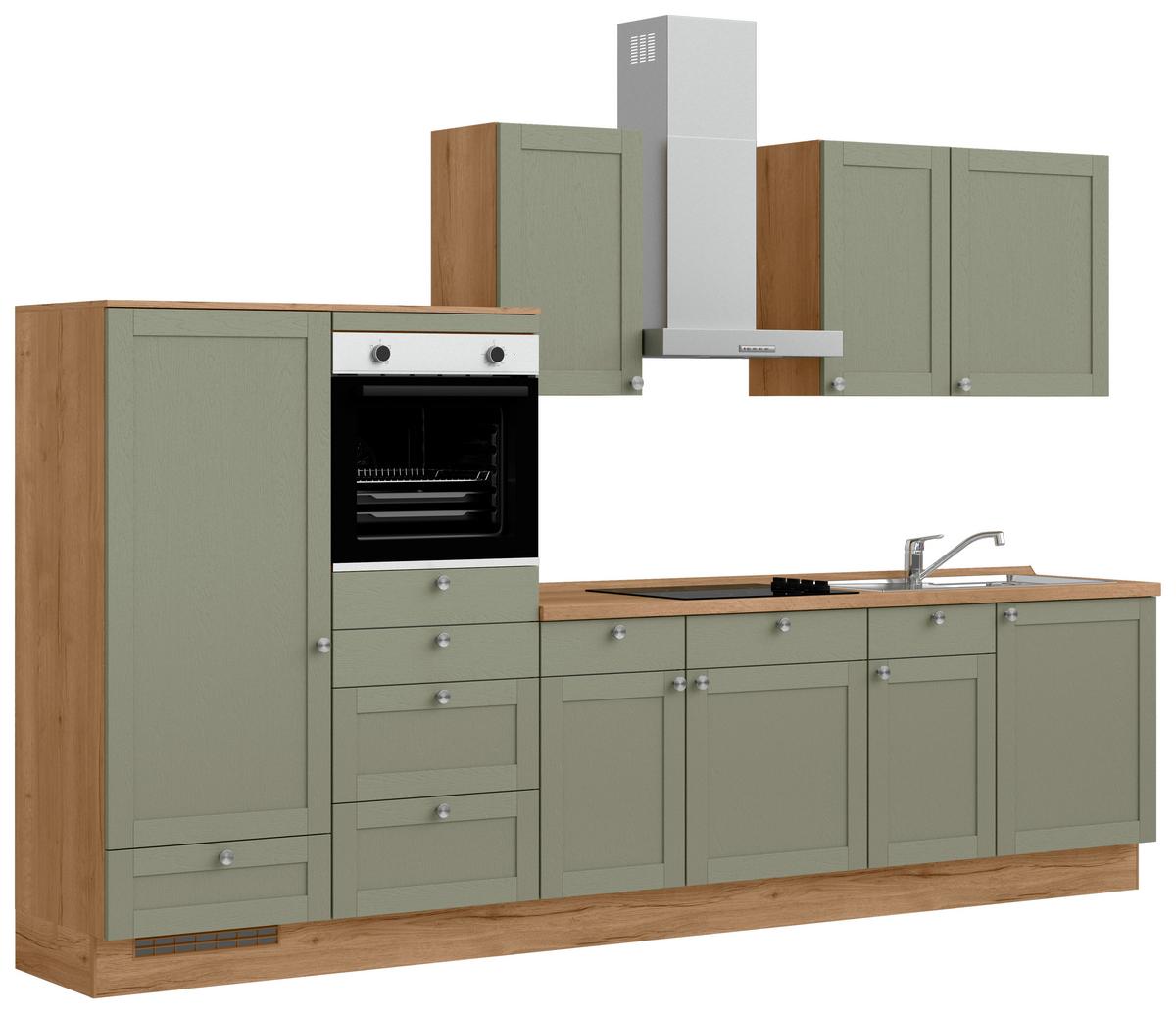 Küchenleerblock Frame Low o. Geräte Olivgrün - Edelstahlfarben/Eichefarben, MODERN, Holzwerkstoff/Metall (330cm) - Nobilia