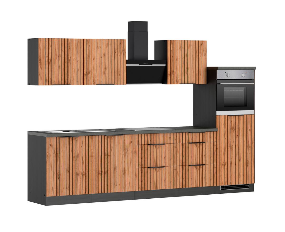 Küchenblock Liverpool m. Geräte Graphit/Eichefarben - Schieferfarben/Eiche Wotan, Basics, Holzwerkstoff/Metall (300cm) - Held
