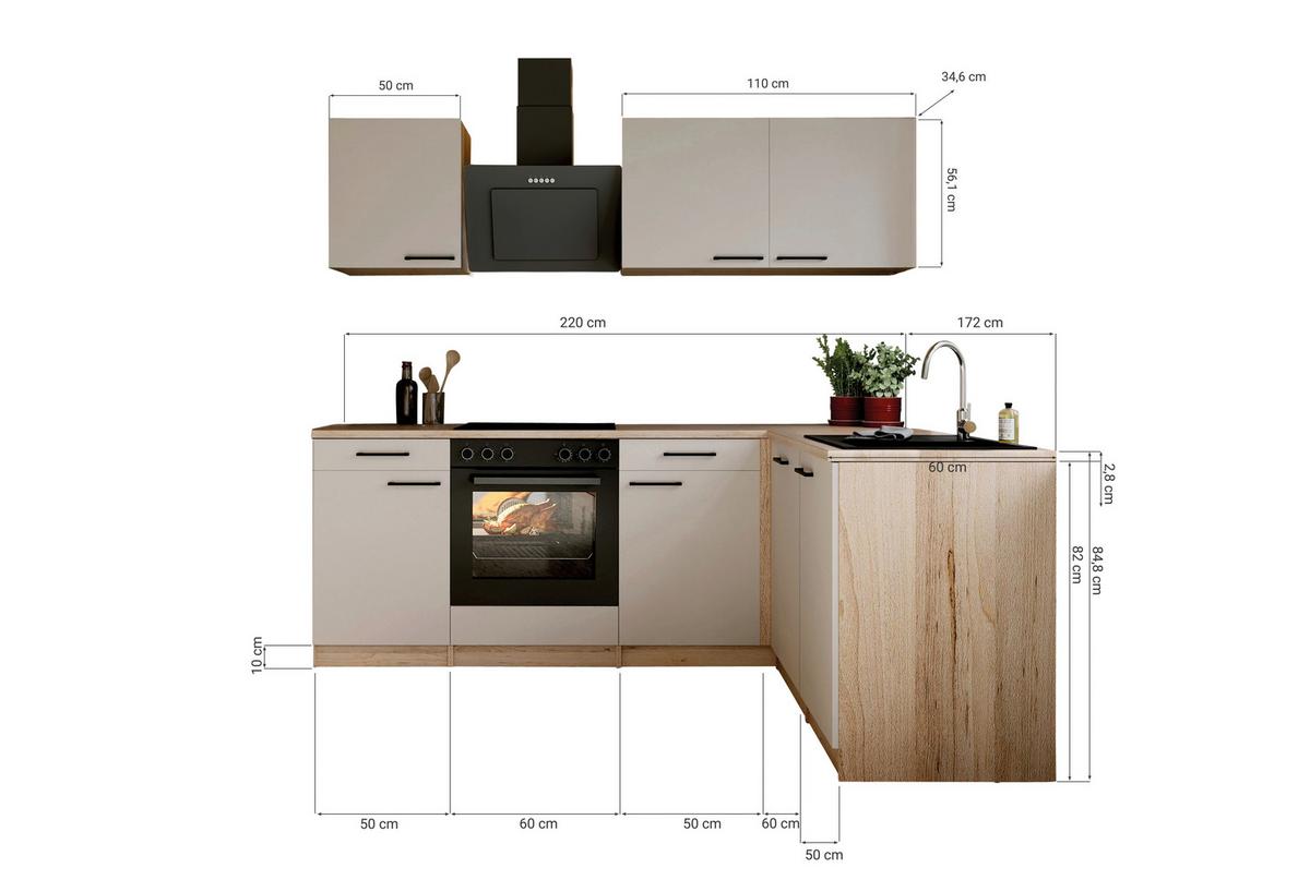 Eckküche Merle m. Geräten ca. 220x172cm Kaschmir - Kaschmir/Eichefarben, Trend, Holzwerkstoff/Metall (220/172cm) - Respekta
