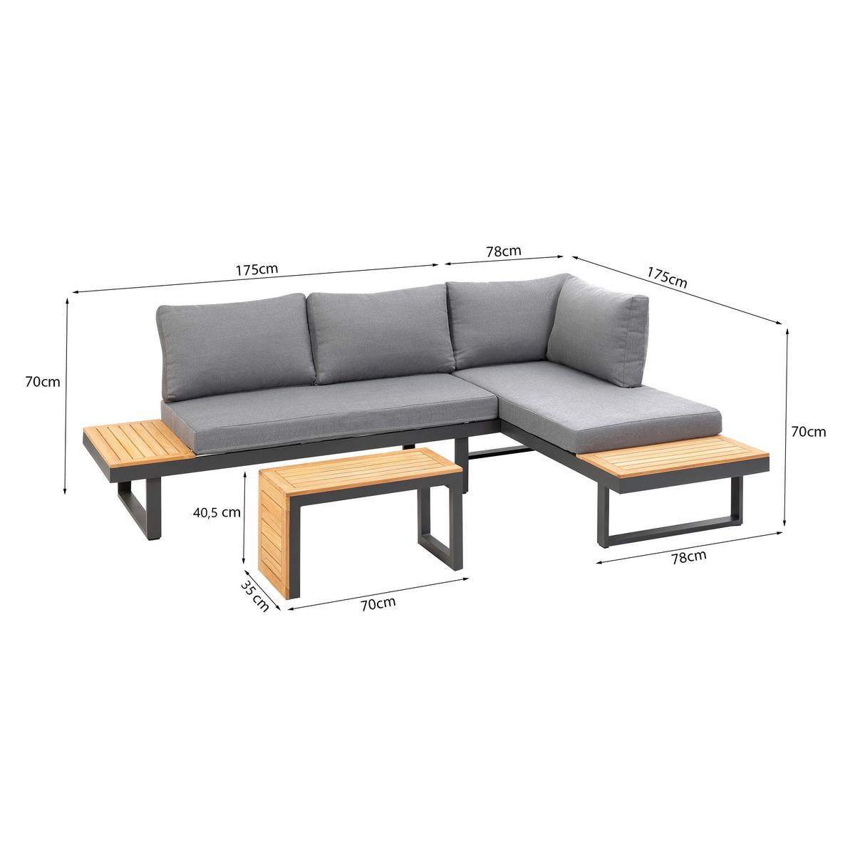 Loungegarnitur 3-tlg. Samara Holz/Metall/Textil mit Kissen - Anthrazit/Grau, Basics, Holz/Textil (253/70/175cm) - Gardenson