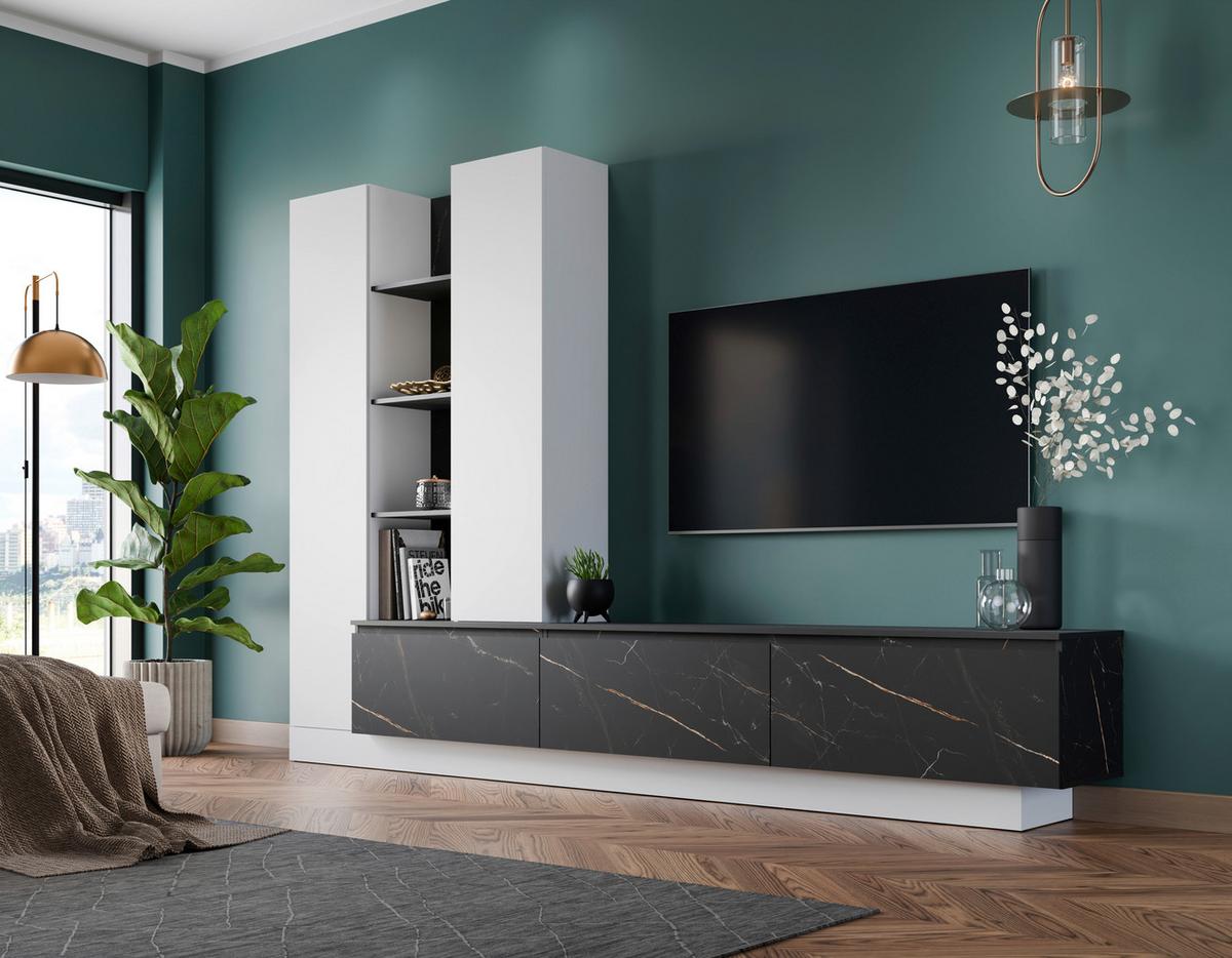 Ansamblu mobilier camera de zi MODESTO - alb/negru, Modern, material pe bază de lemn (295/200,5/40cm) - Premium Living
