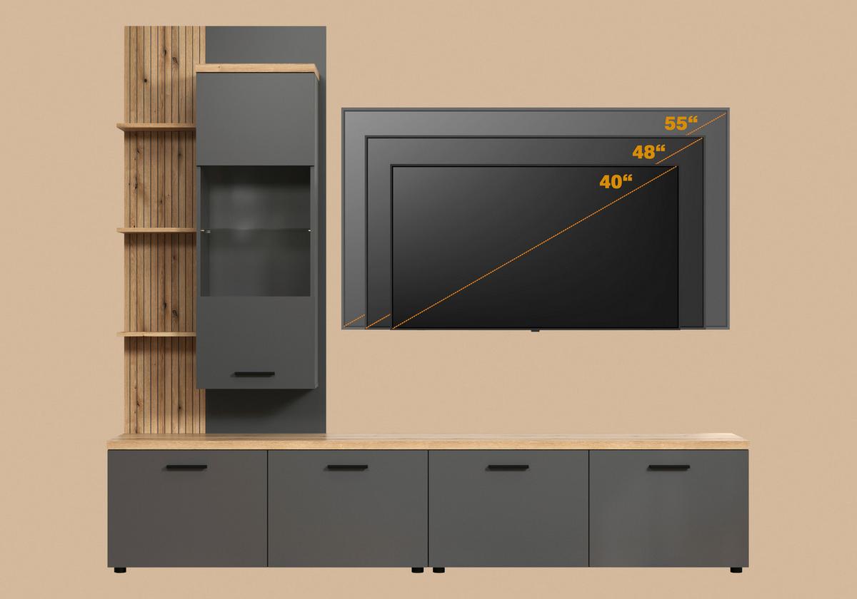 WOHNWAND BAGGIO - Eichefarben/Anthrazit, Design, Glas/Holzwerkstoff (240/212/40cm) - MID.YOU