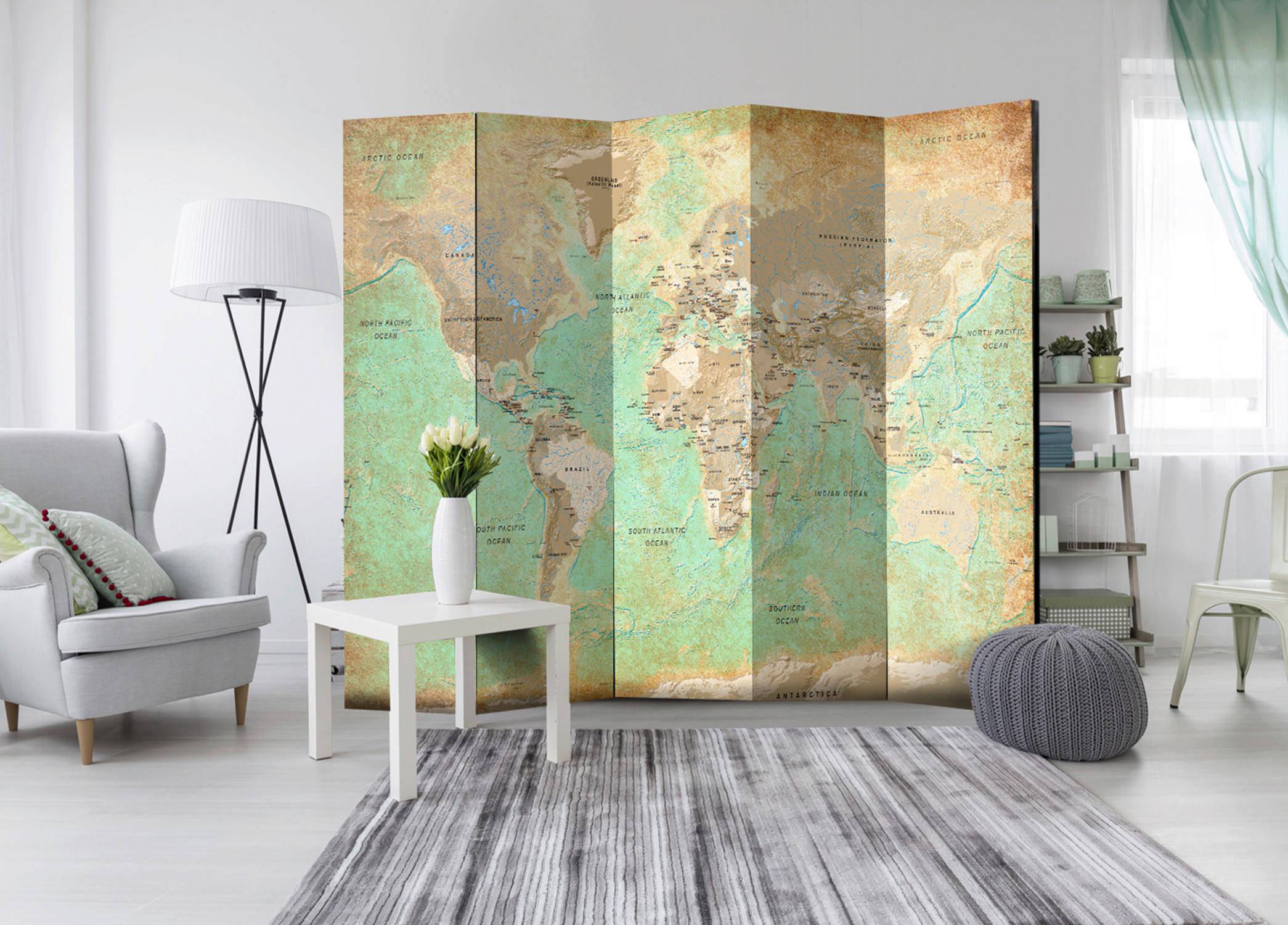 Paravan Turquoise World Map, 5-Delni, Enostranski - turkizna/bež, Basics, tekstil/les (225/172/3cm) - artgeist