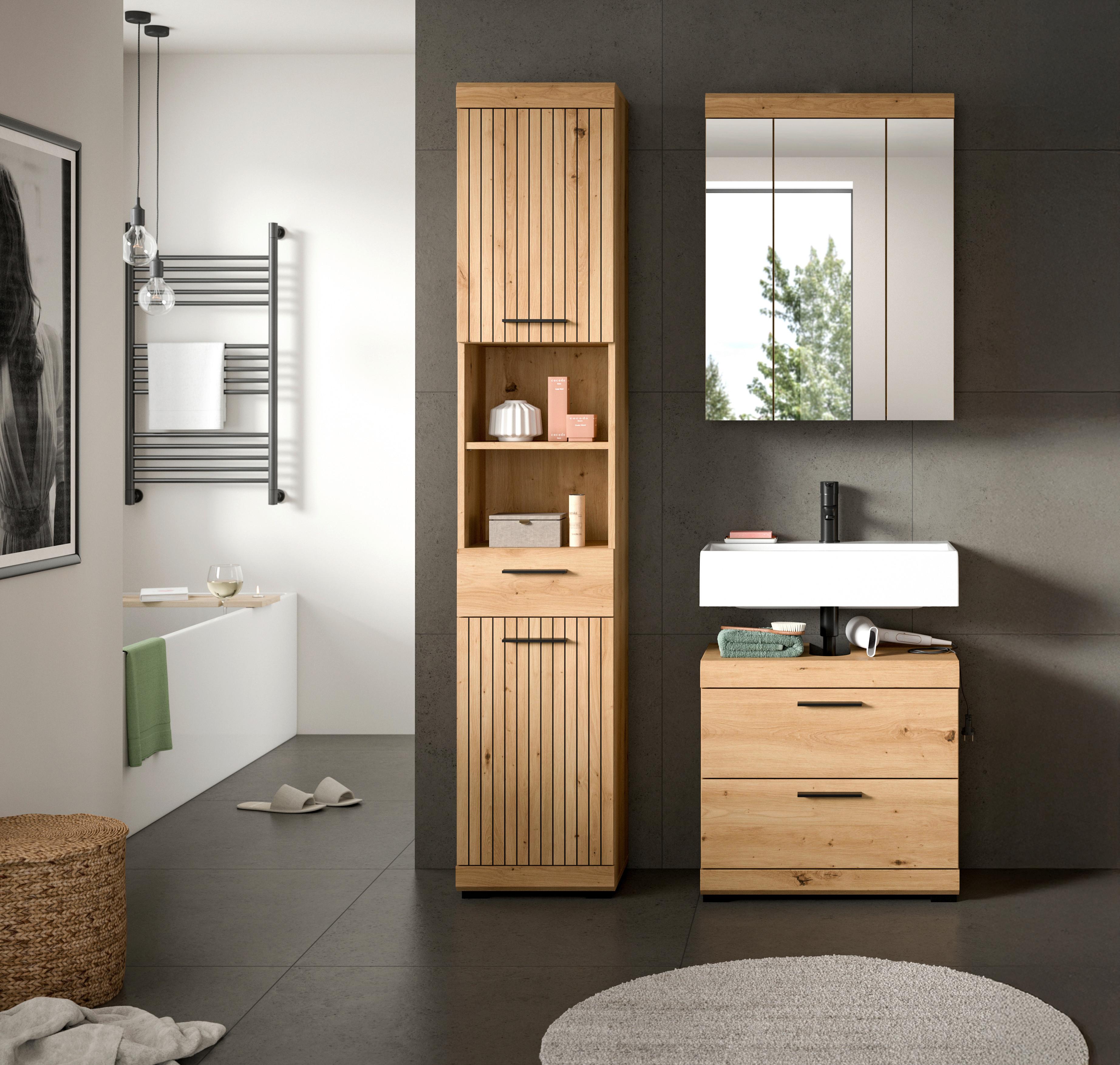 Badezimmer Scout Eiche Artisan 3-teilig - Schwarz/Eiche Artisan, Trend, Glas/Holzwerkstoff (97cm) - MID.YOU