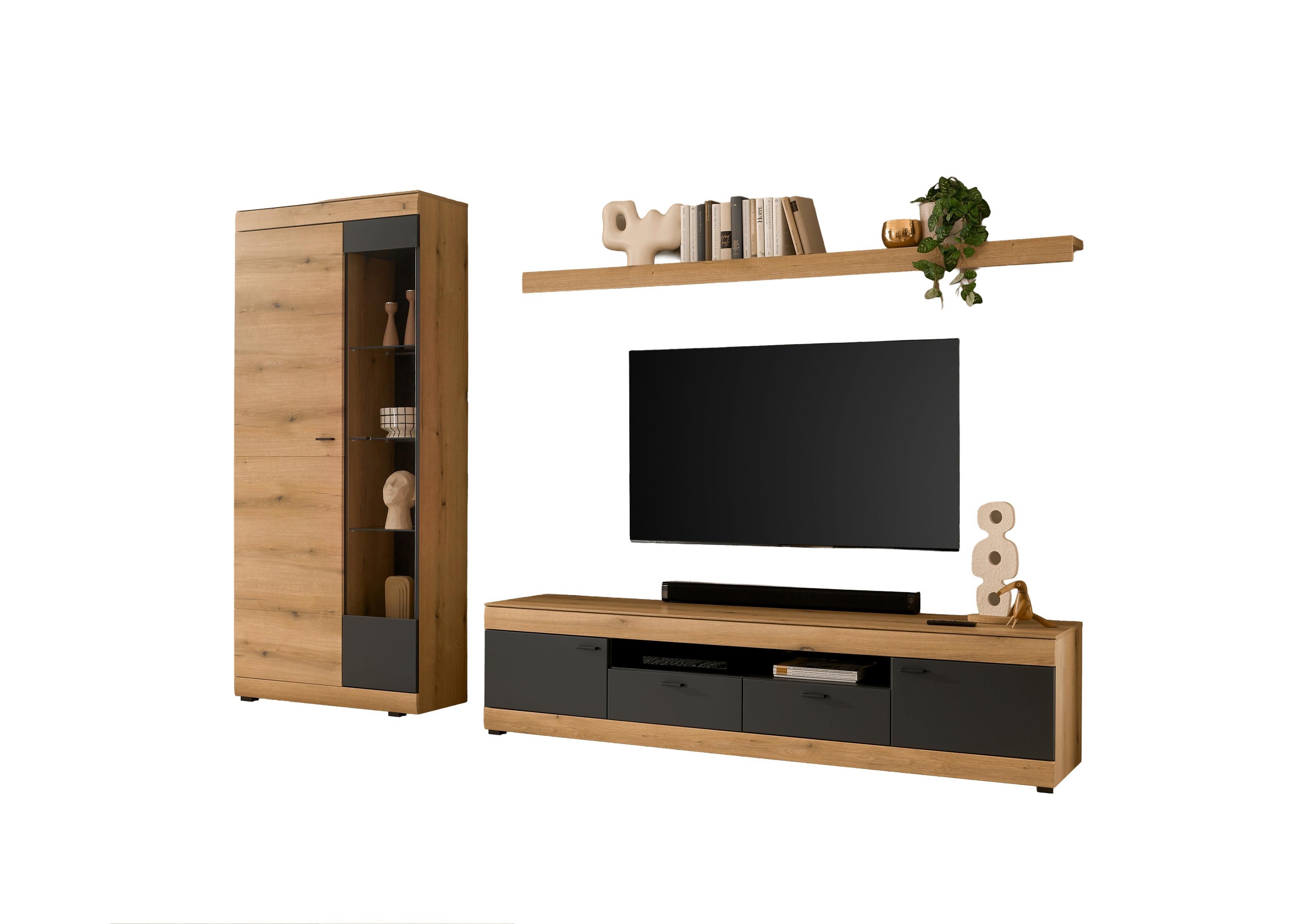 WOHNWAND SOLETO - Eichefarben/Graphitfarben, Design, Glas/Holzwerkstoff (300/201/45cm) - MID.YOU