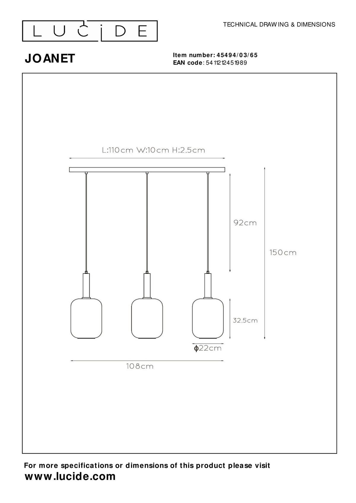 LAMPA WISZĄCA 45494/03/65 JOANET - jasnoszary, Design, szkło (110/22/150cm) - Lucide
