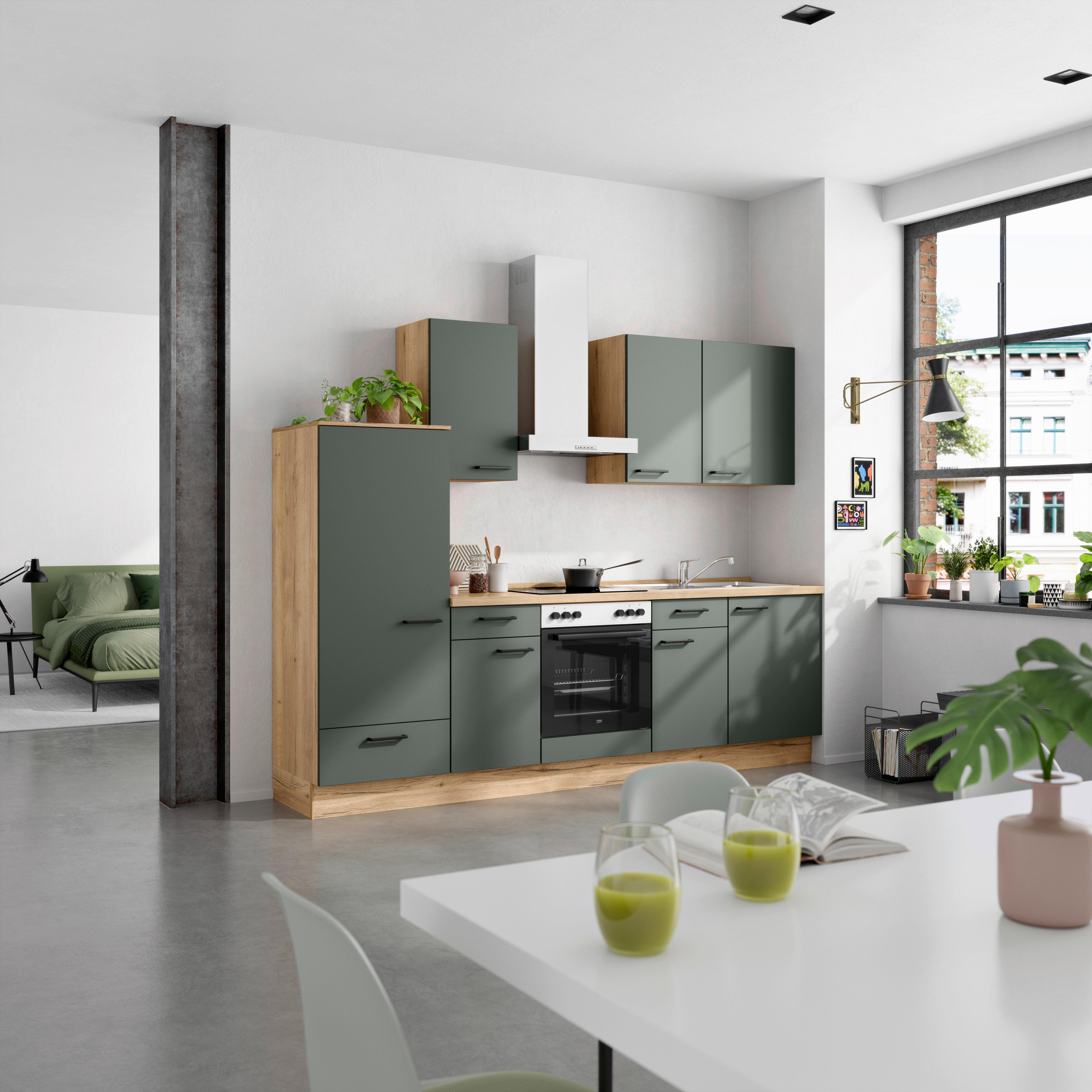 Küchenblock Easytouch m. Geräten Dunkelgrün - Dunkelgrün/Eichefarben, MODERN, Holzwerkstoff/Metall (270cm) - Nobilia