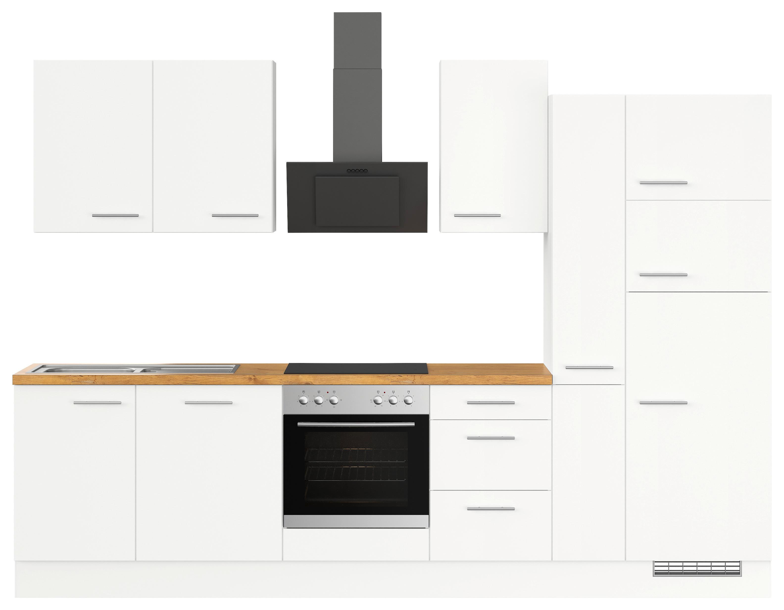 Küchenblock IBZ ohne Geräte ca. 310 cm Weiß - Edelstahlfarben/Eichefarben, Design, Holzwerkstoff/Metall (310cm) - Impuls